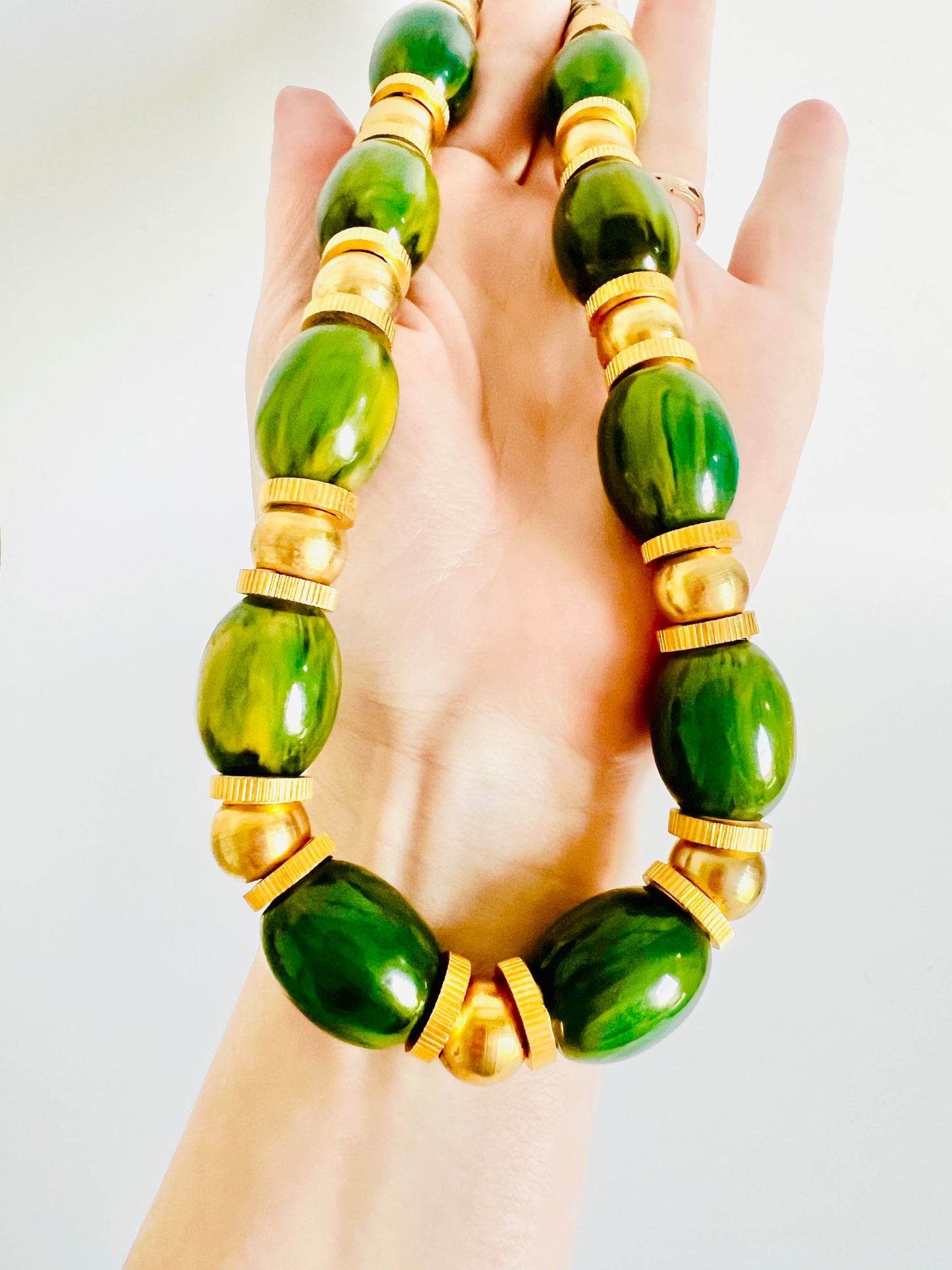 Vintage Green Bakelite Gold Bead Necklace