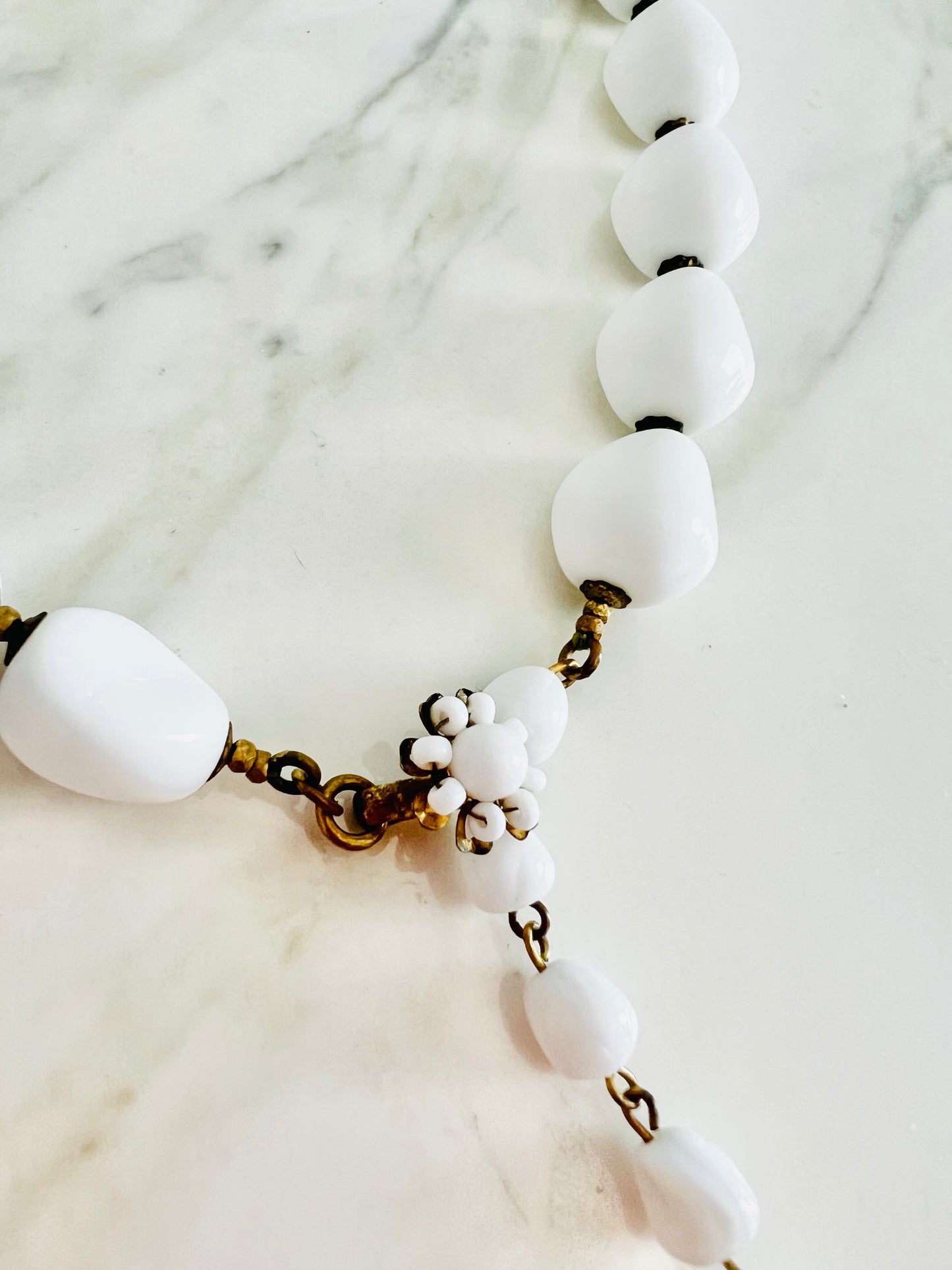 Signed Miriam Haskell 1940s Milk Glass Beaded Necklace