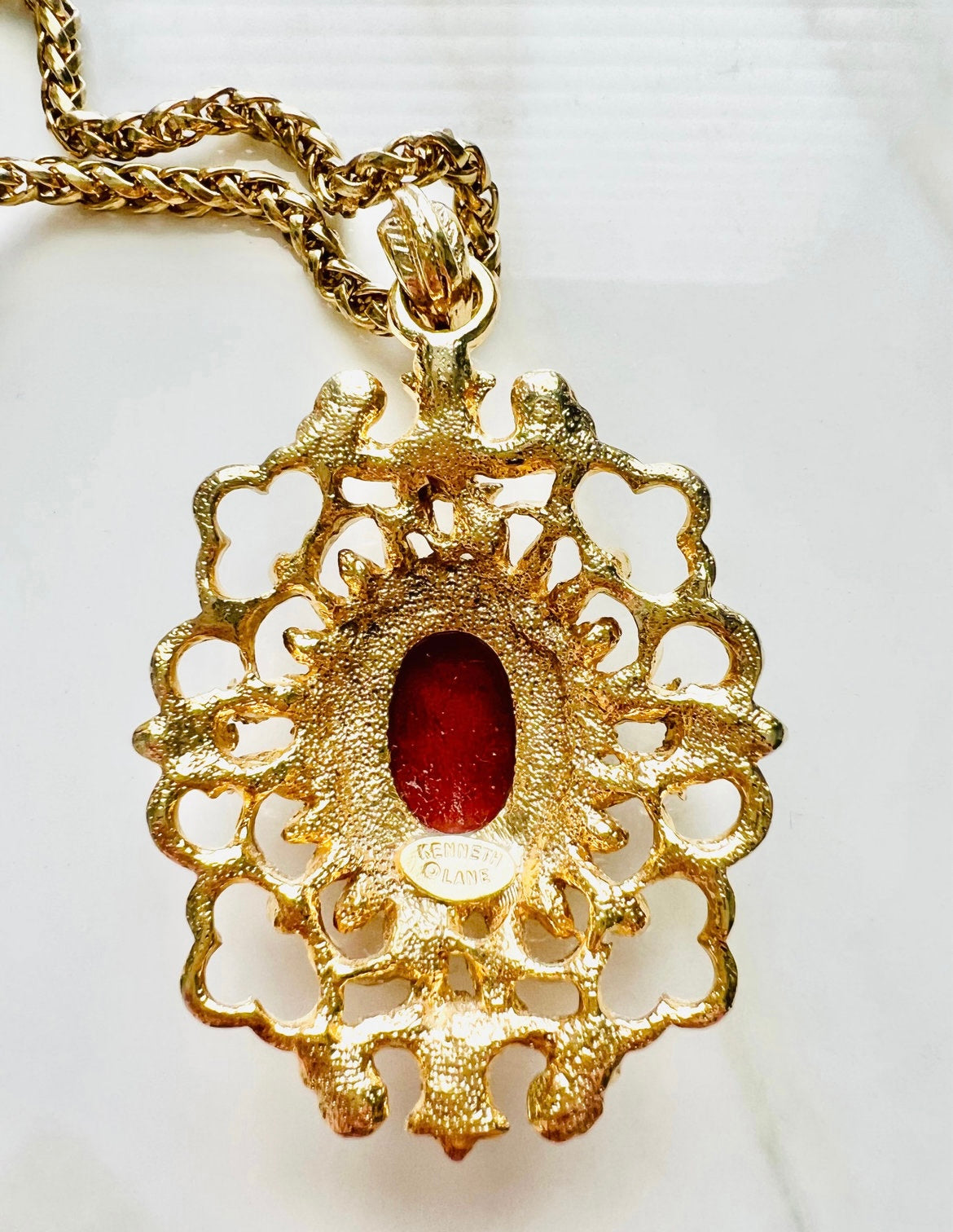 Vintage Signed Designer Kenneth Lane Faux Carnelian Pendant Necklace