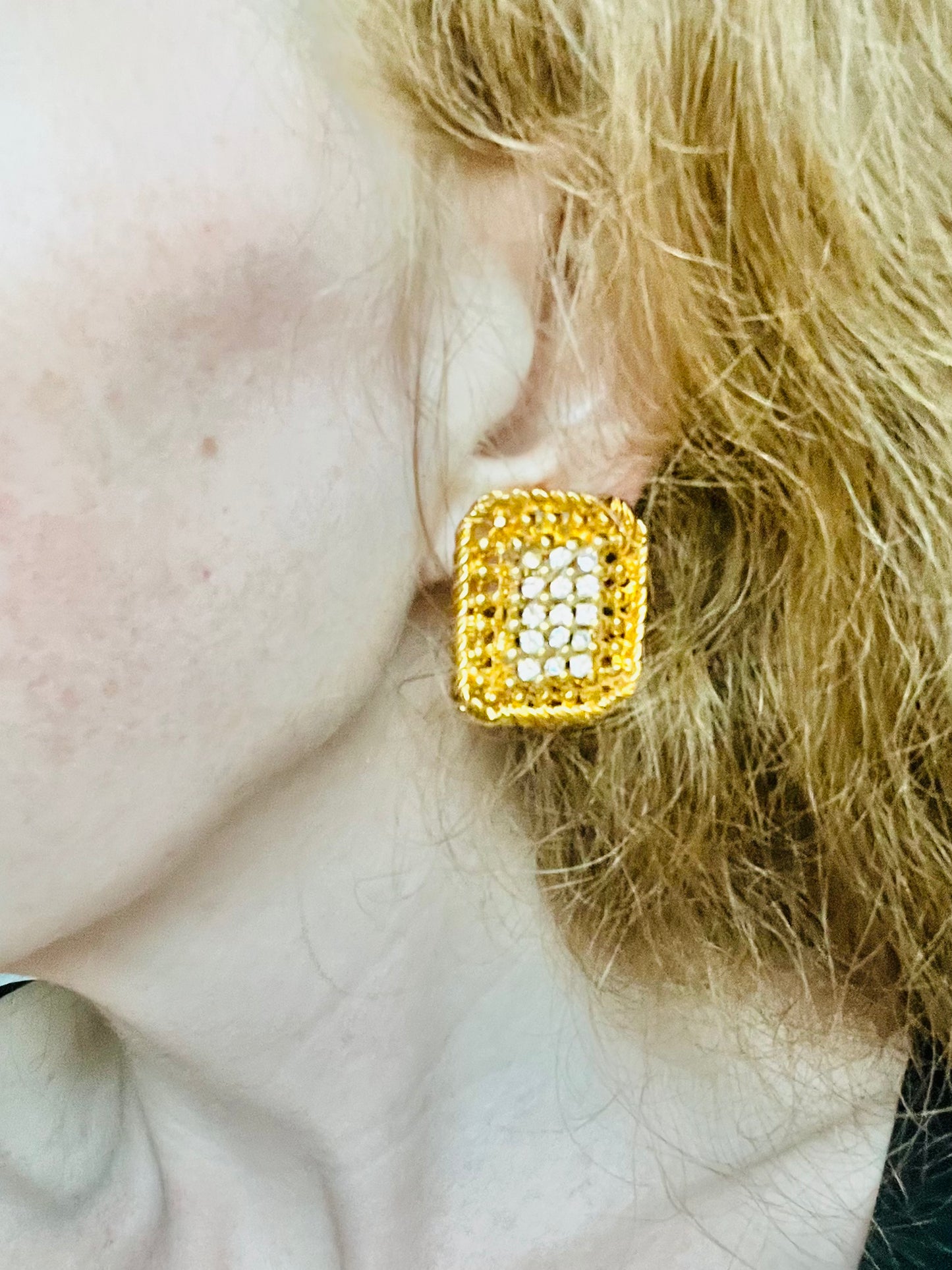 Vintage 1990s Gold Square Basketweave Rhinestone Clip Earrings