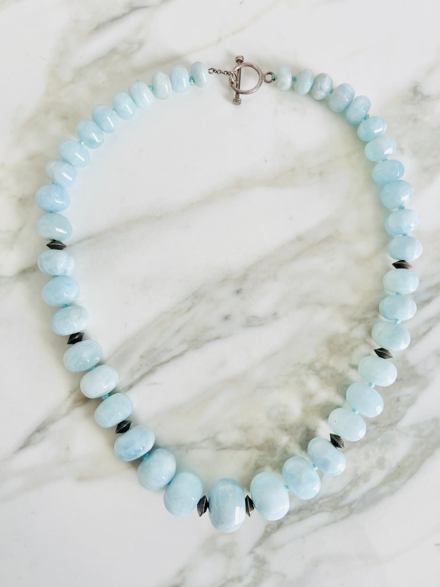 Hand Knotted Faceted Large Aquamarine Stone Necklace with Sterling Clasp
