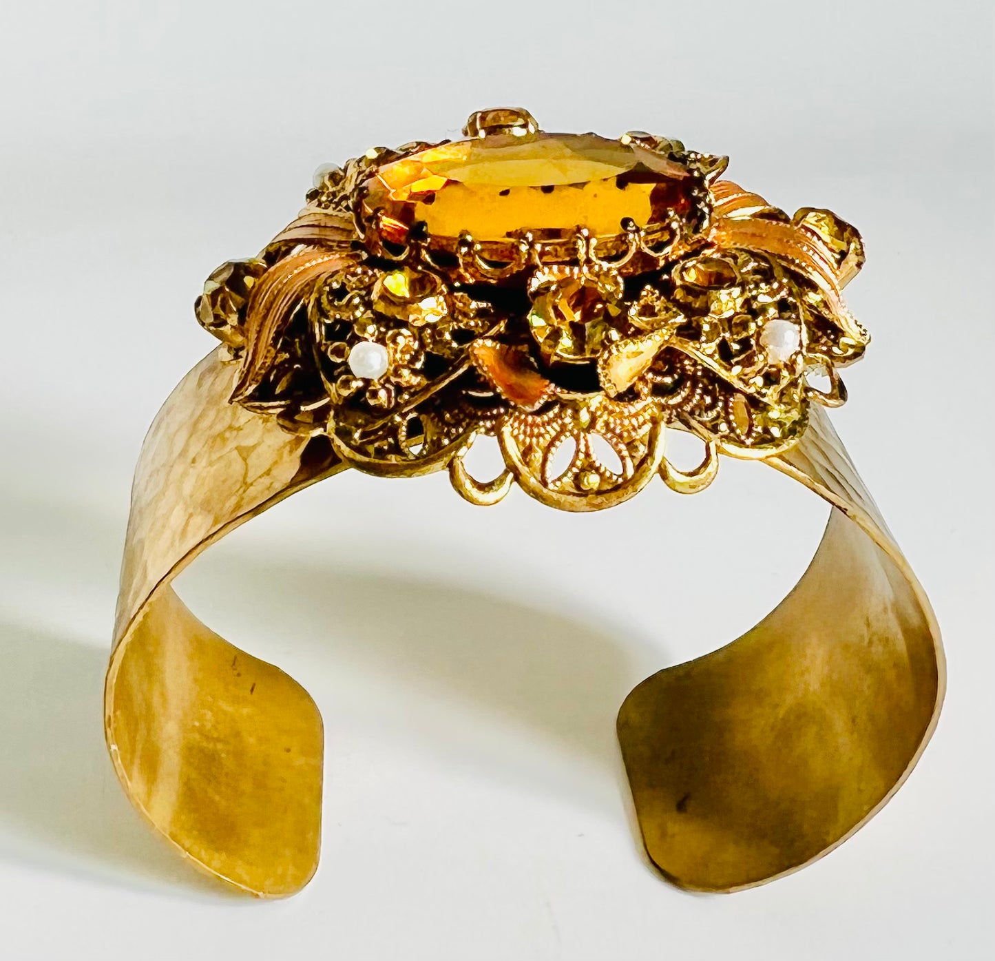 Vintage Topaz Glass Rhinestone Hammered Brass Cuff