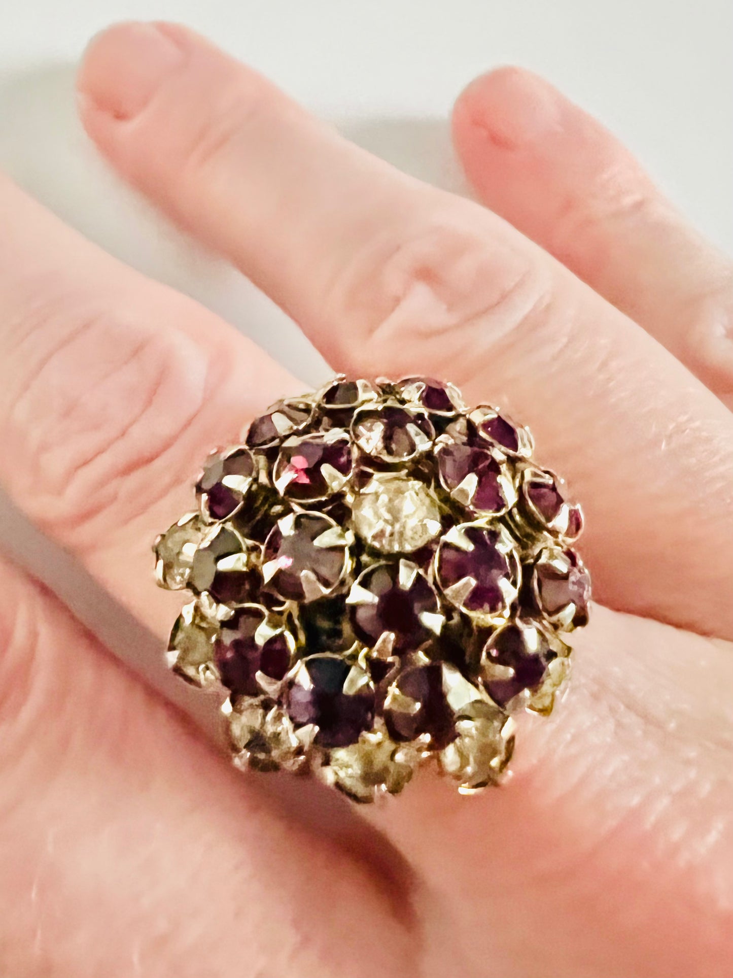 Vintage Silvertone Purple Prong Set Rhinestone Cocktail Ring