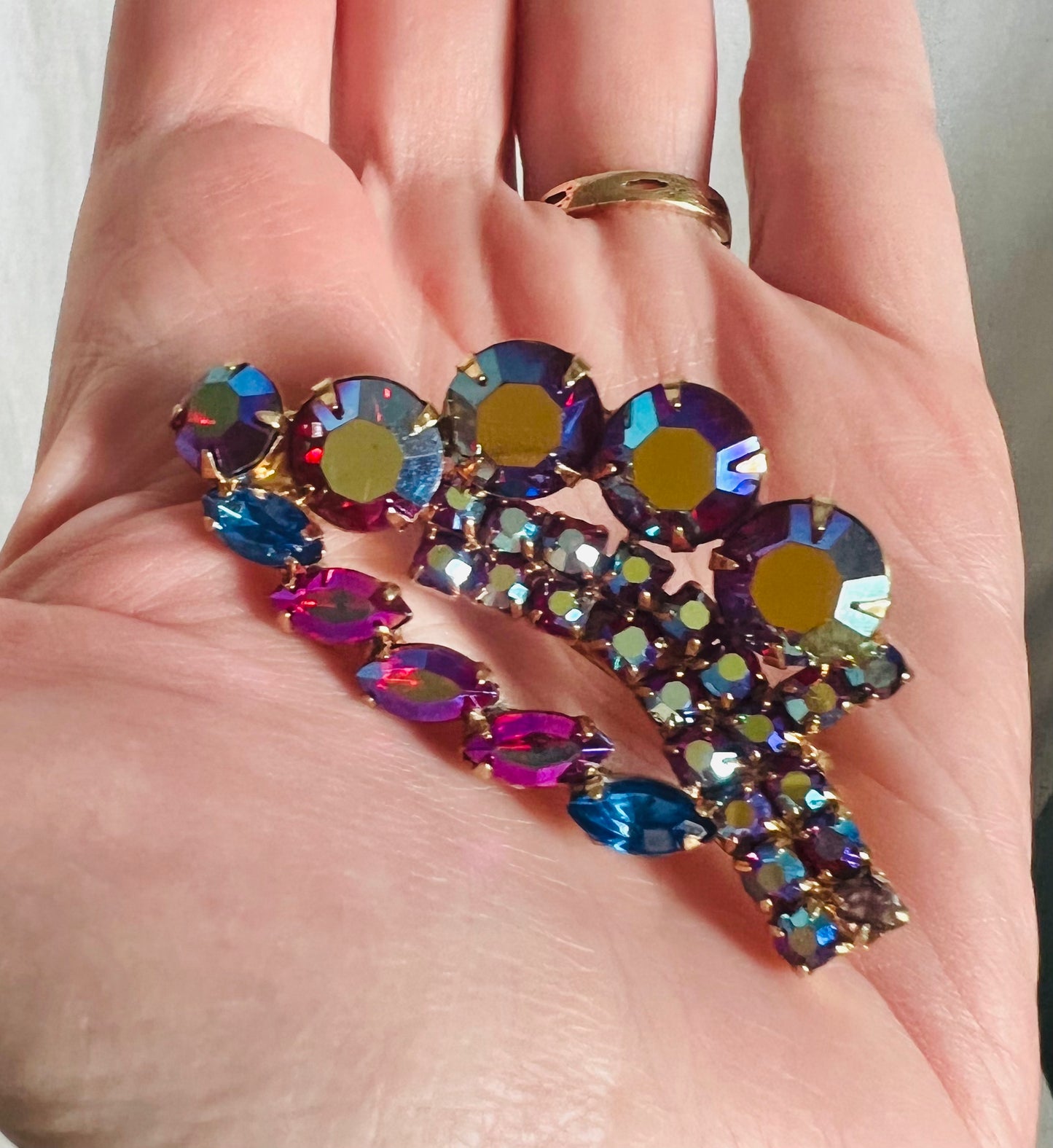 Vintage Midcentury Red AB Rhinestones Dragons Breath Brooch Pin