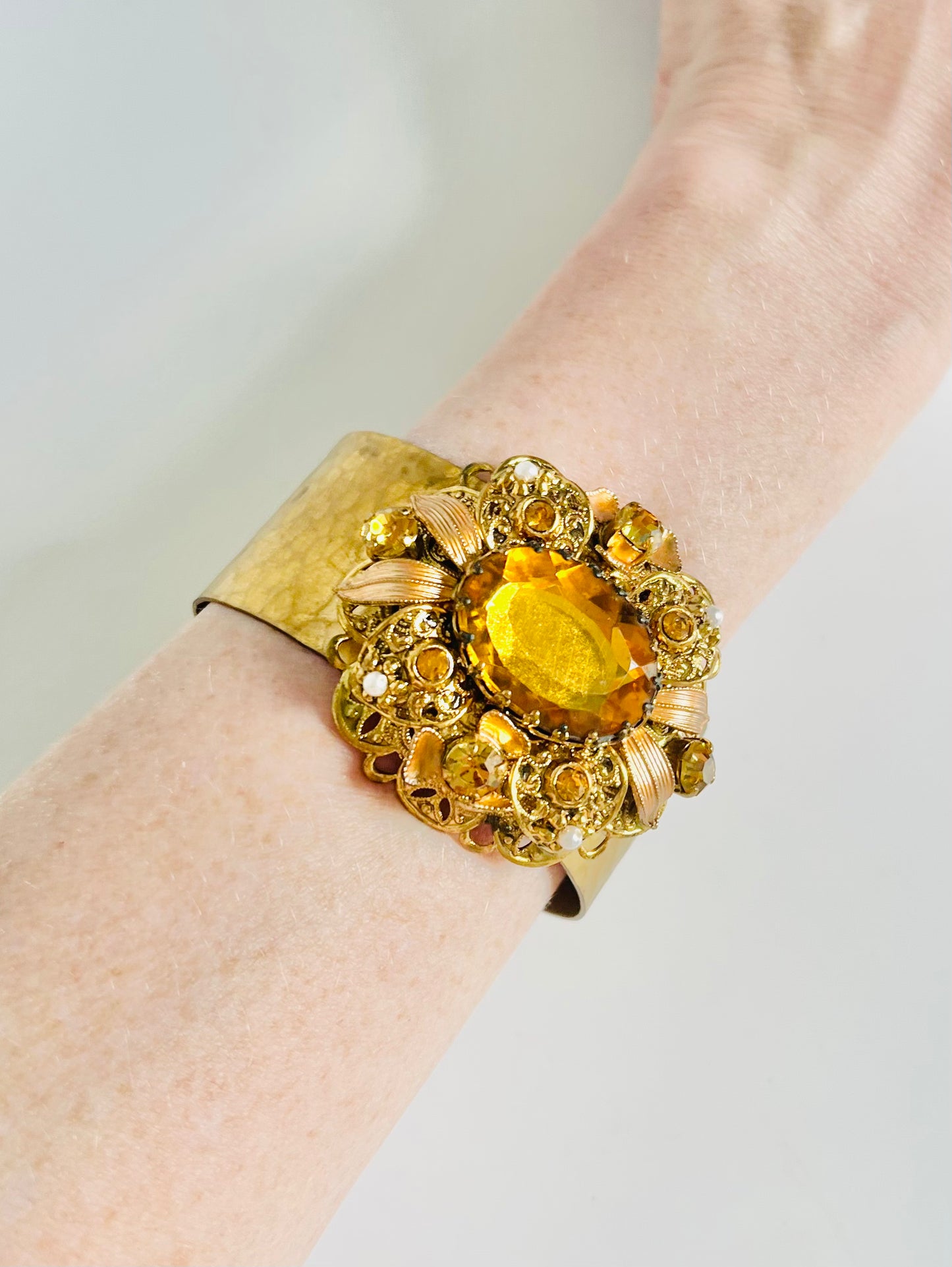 Vintage Topaz Glass Rhinestone Hammered Brass Cuff