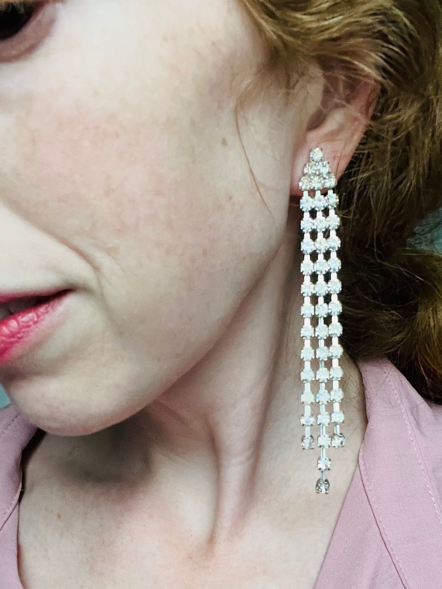 Vintage 1980s Pierced Rhinestone Shoulder Duster Earrings