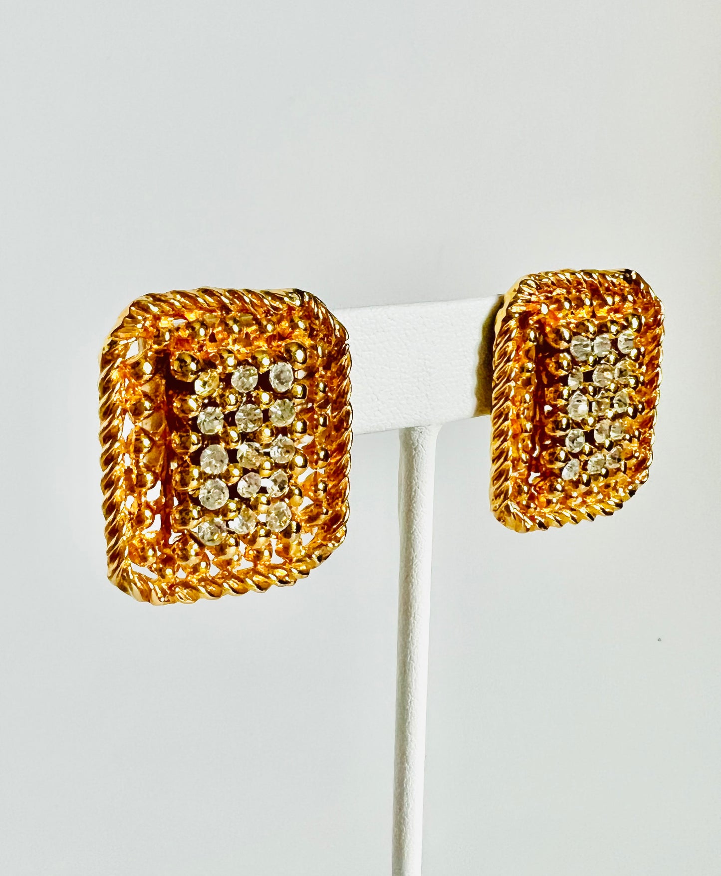Vintage 1990s Gold Square Basketweave Rhinestone Clip Earrings