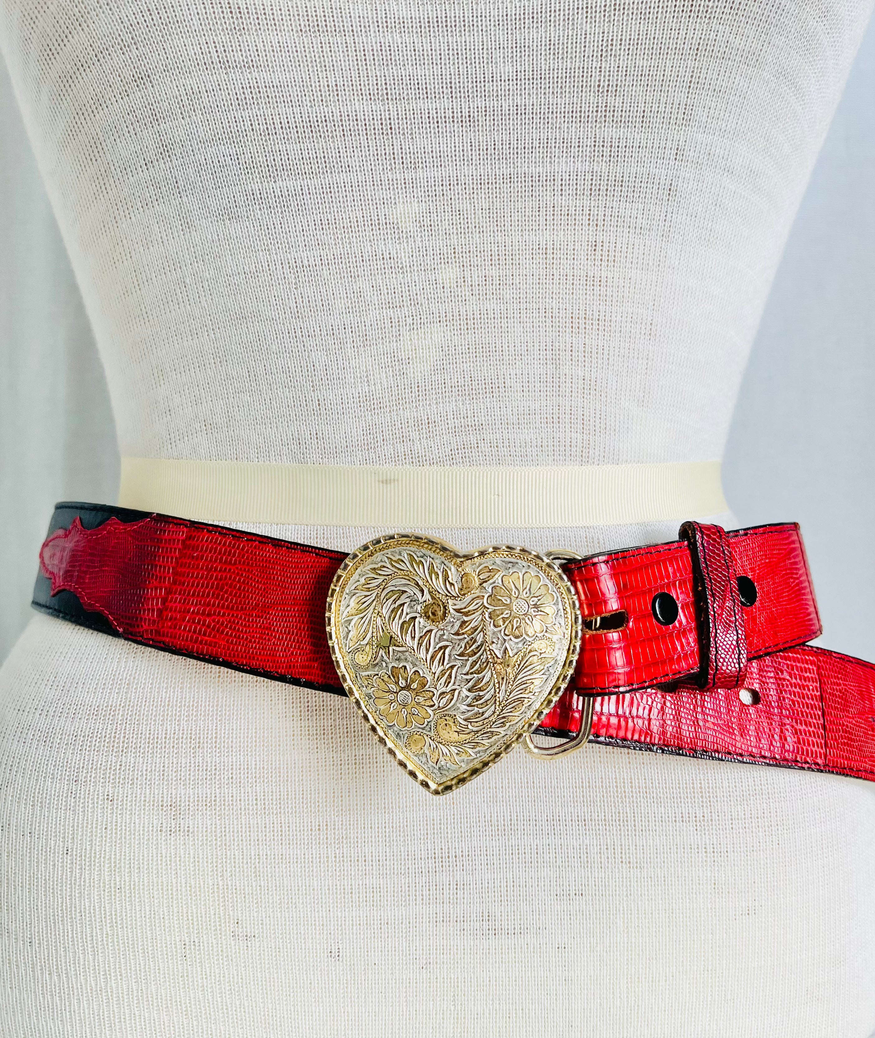 Vintage Tony Lama Leather Belt with Heart Buckle – Rust & Pearls