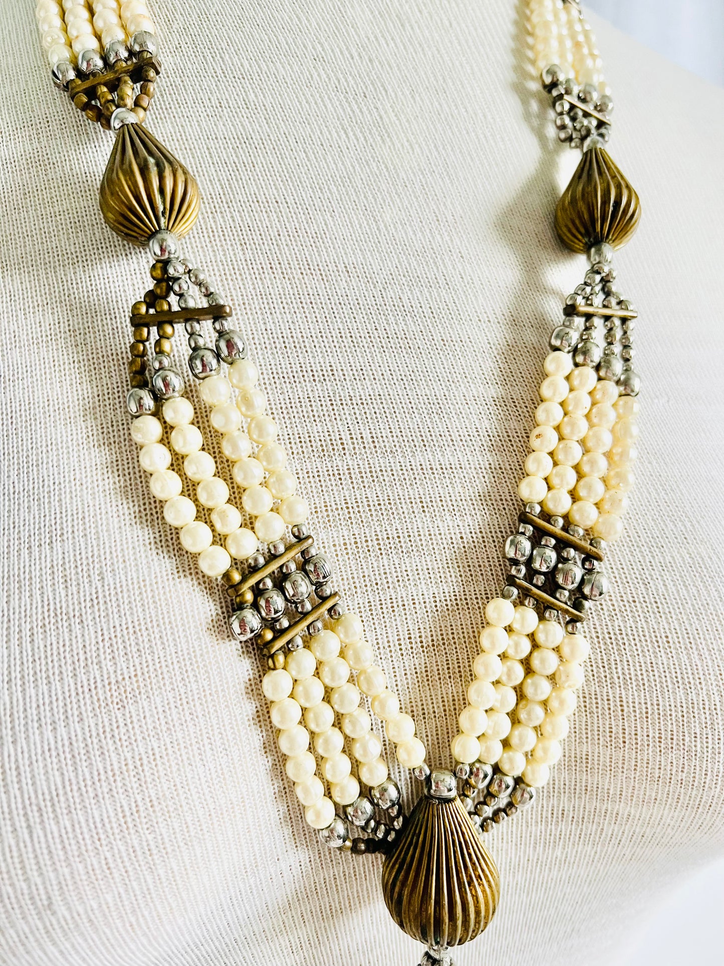 Vintage 1970s Bohemian Brass Faux Pearl Statement Necklace