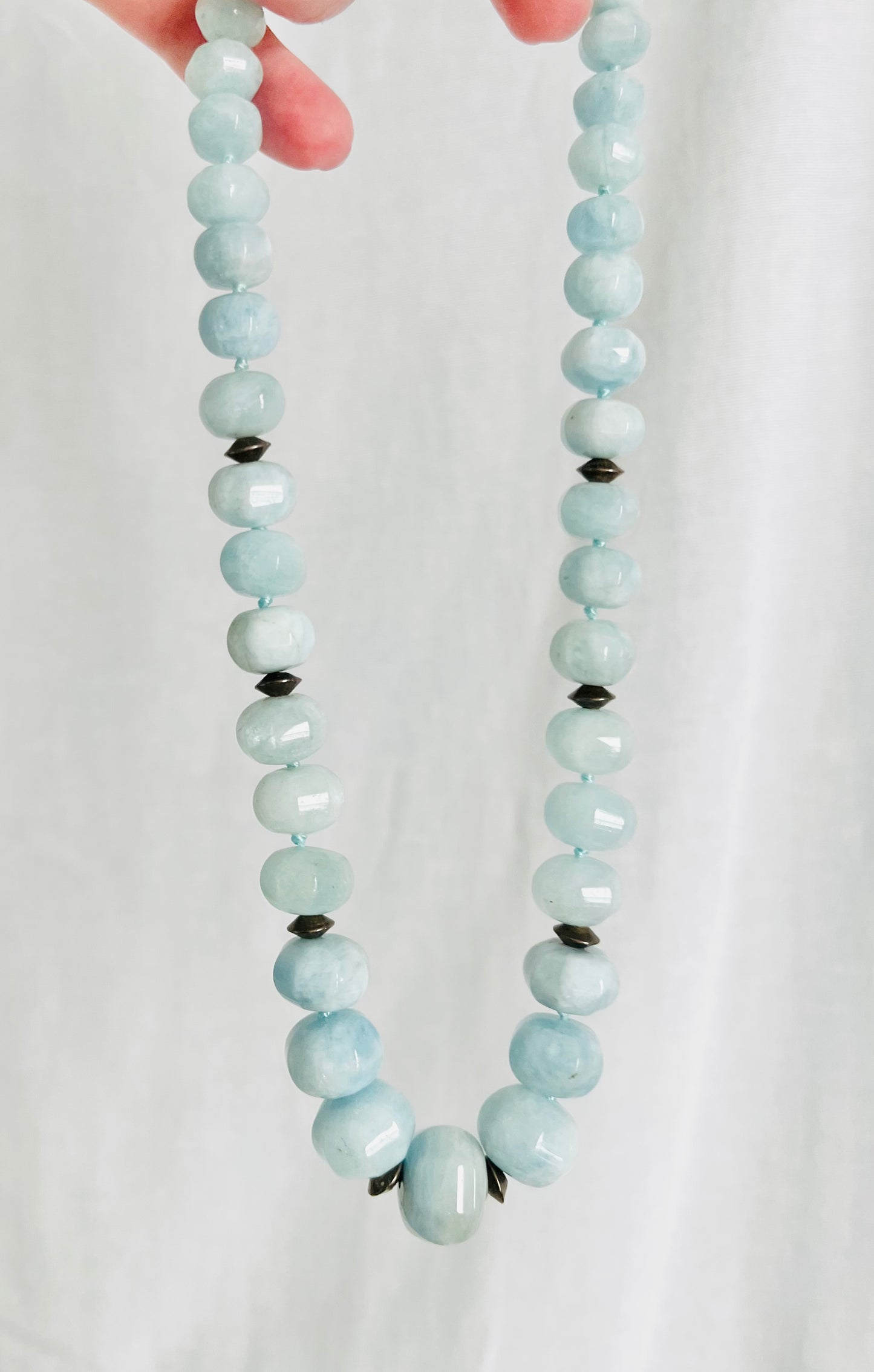 Hand Knotted Faceted Large Aquamarine Stone Necklace with Sterling Clasp