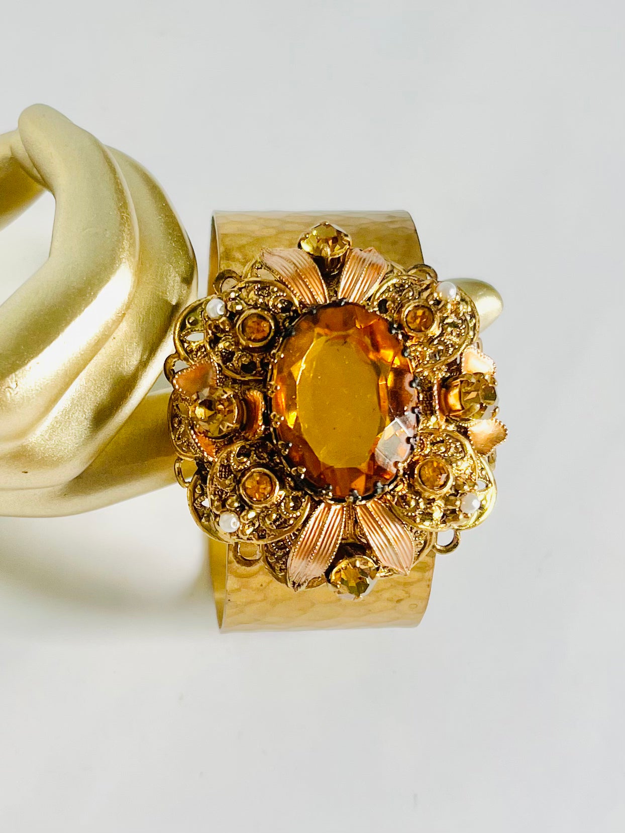 Vintage Topaz Glass Rhinestone Hammered Brass Cuff