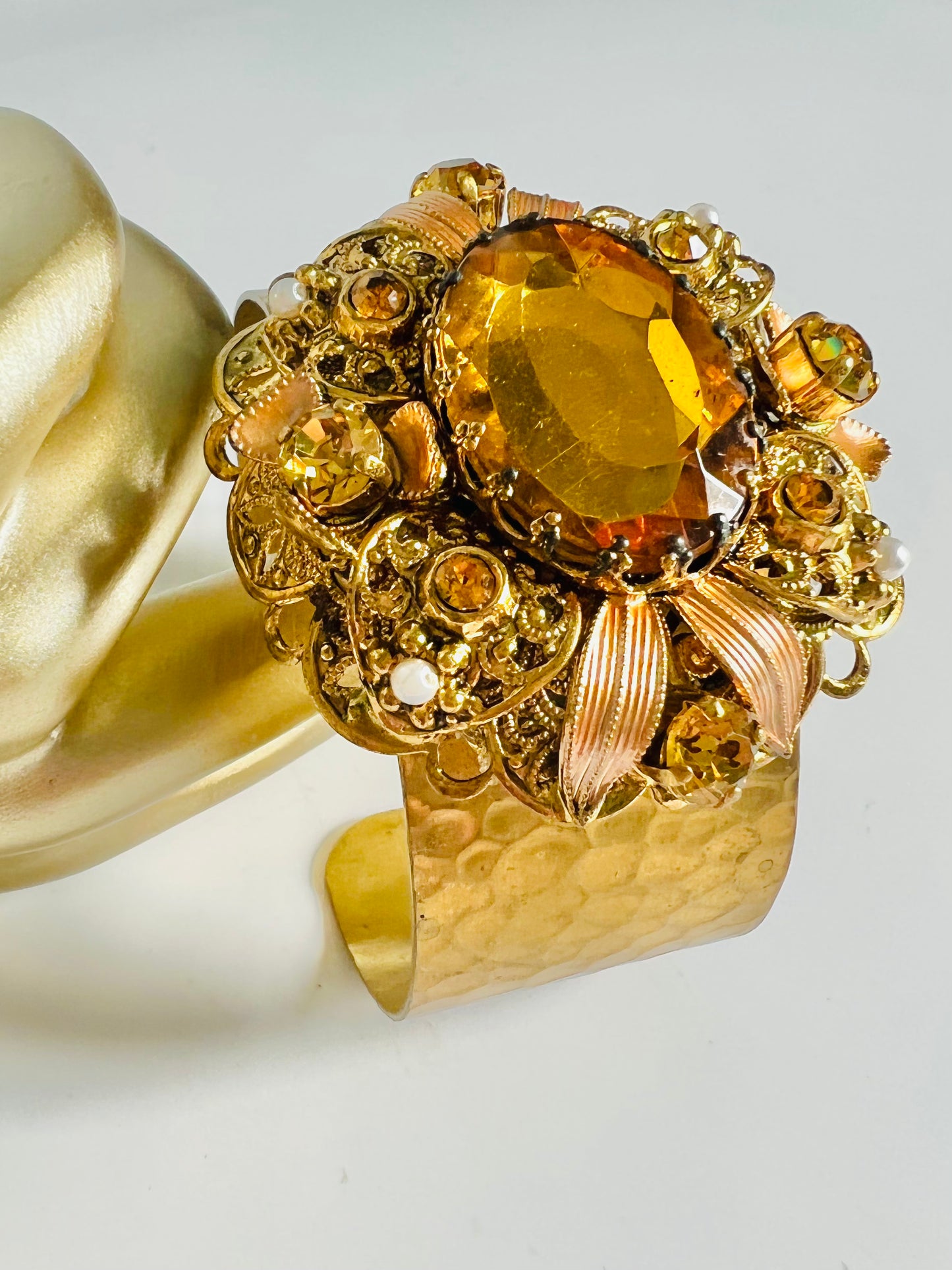 Vintage Topaz Glass Rhinestone Hammered Brass Cuff