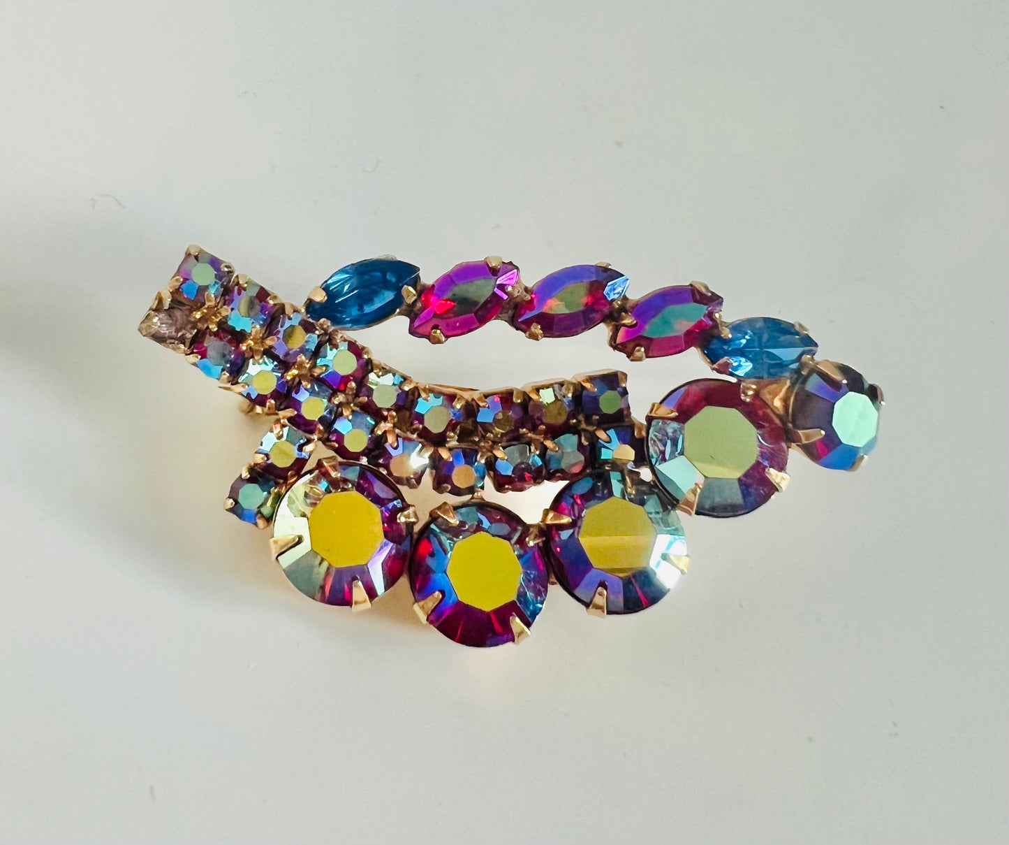 Vintage Midcentury Red AB Rhinestones Dragons Breath Brooch Pin