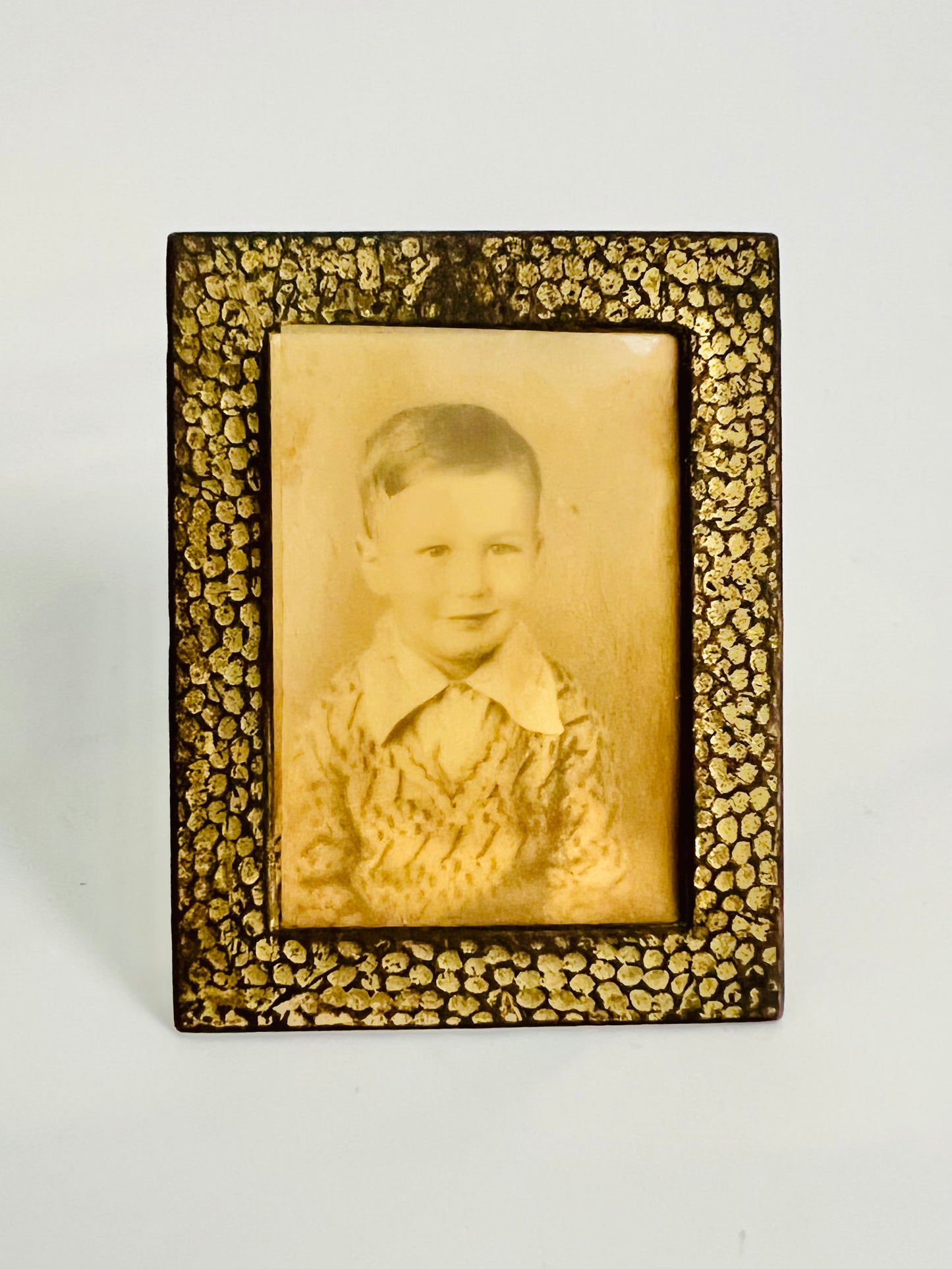 Vintage MidCentury Little Boy in Hammered Metal Frame