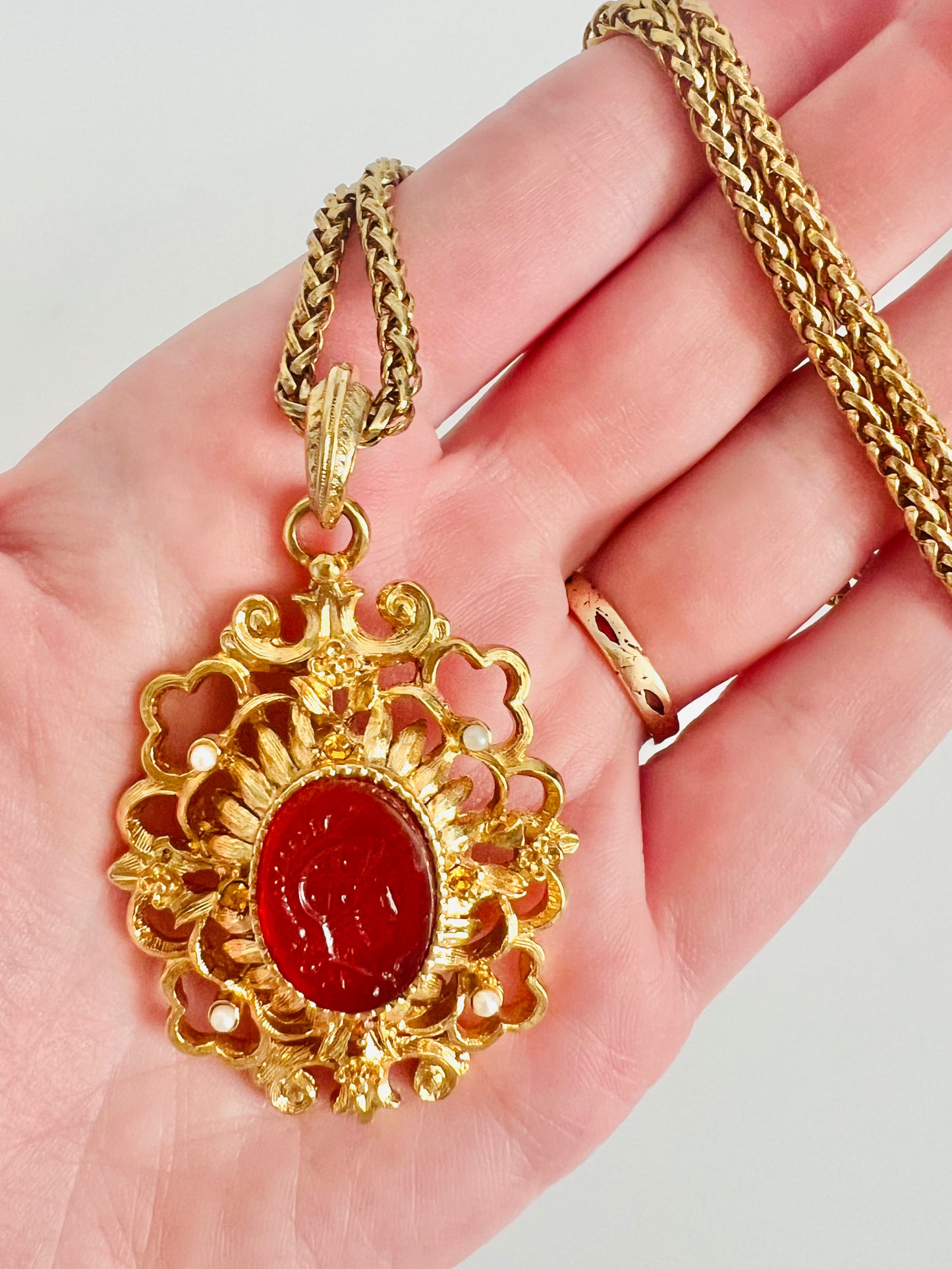 Vintage Signed Designer Kenneth Lane Faux Carnelian Pendant Necklace