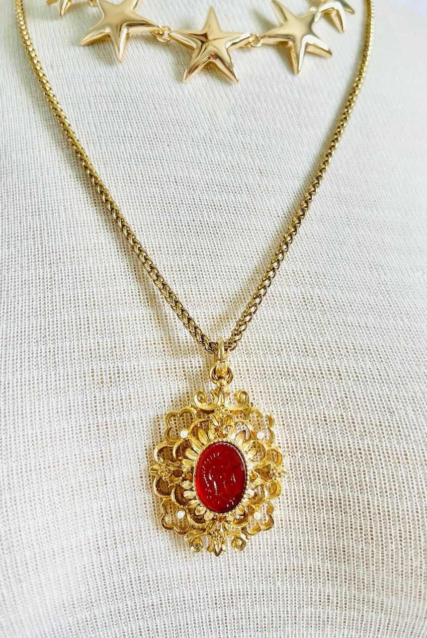 Vintage Signed Designer Kenneth Lane Faux Carnelian Pendant Necklace