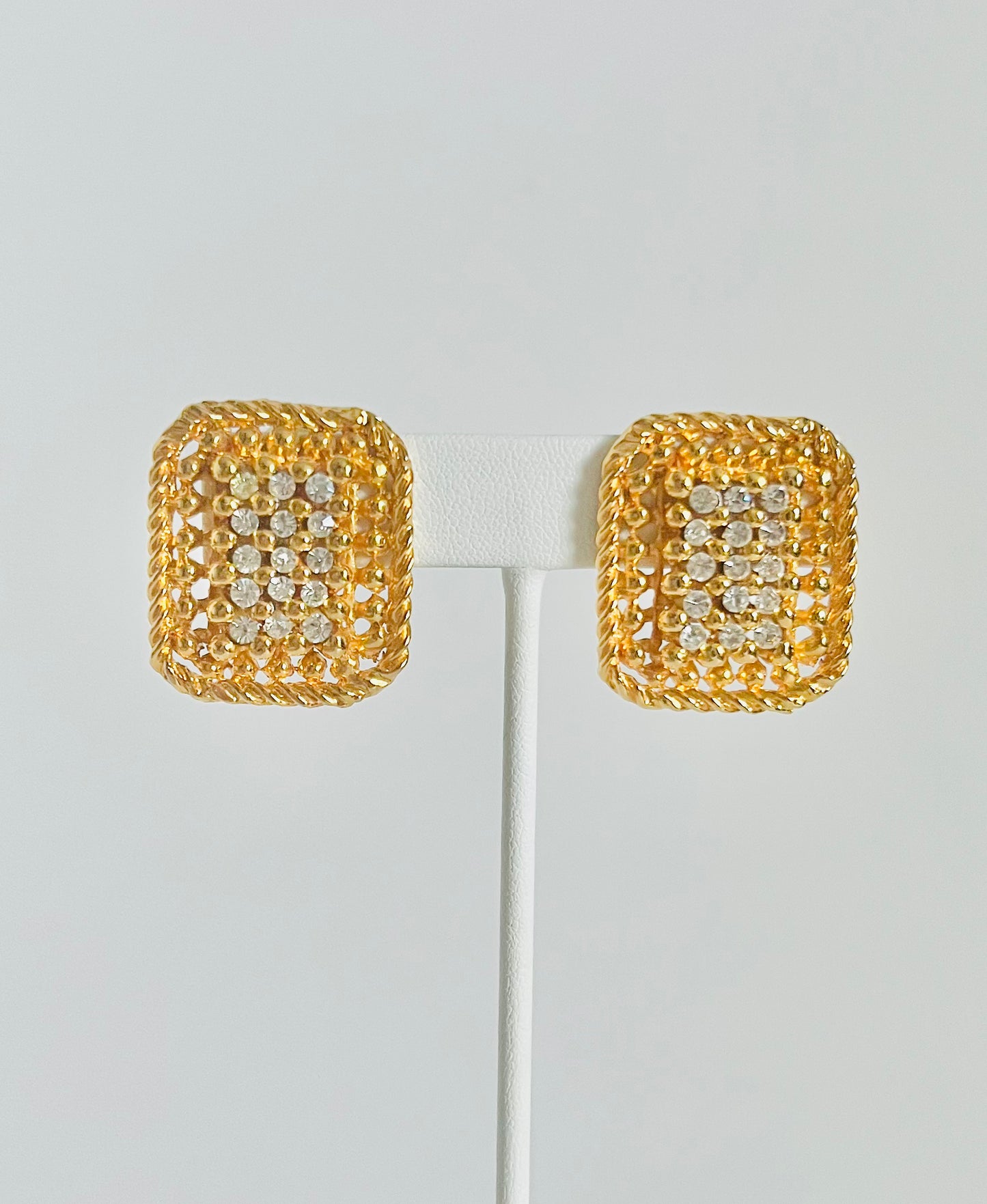 Vintage 1990s Gold Square Basketweave Rhinestone Clip Earrings