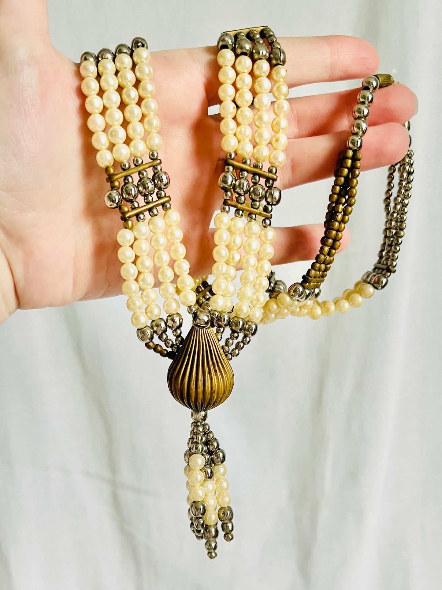 Vintage 1970s Bohemian Brass Faux Pearl Statement Necklace