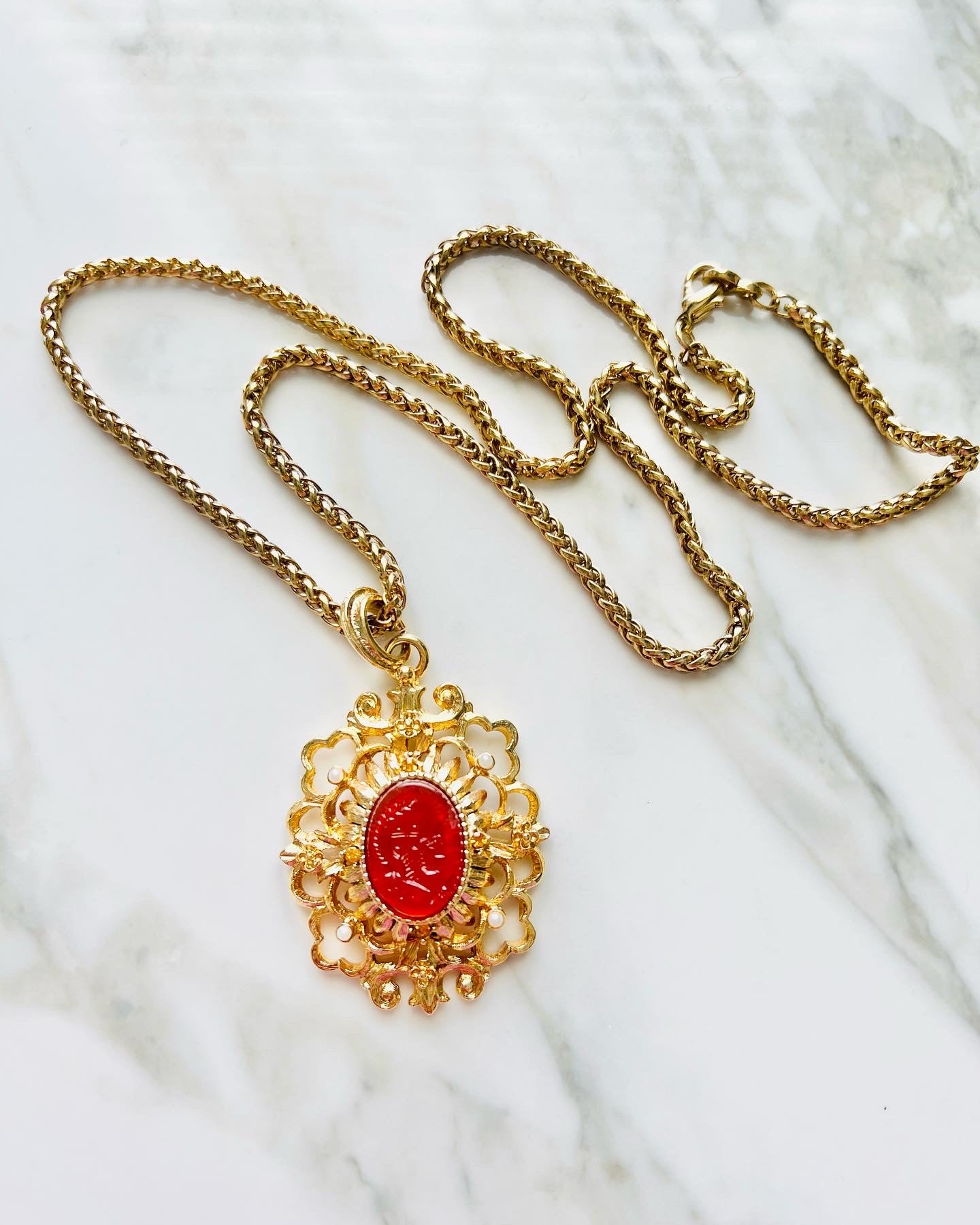 Vintage Signed Designer Kenneth Lane Faux Carnelian Pendant Necklace