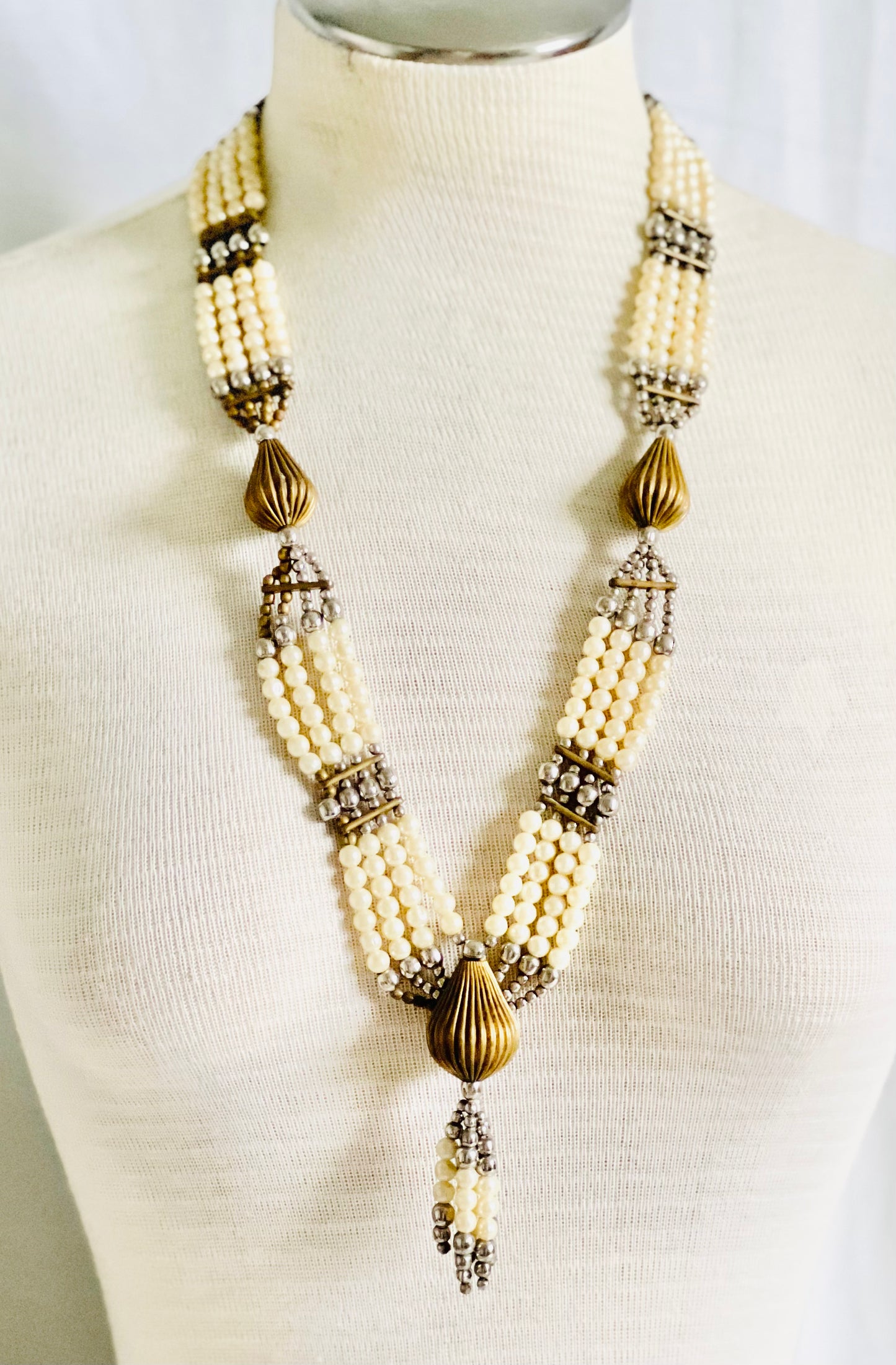 Vintage 1970s Bohemian Brass Faux Pearl Statement Necklace