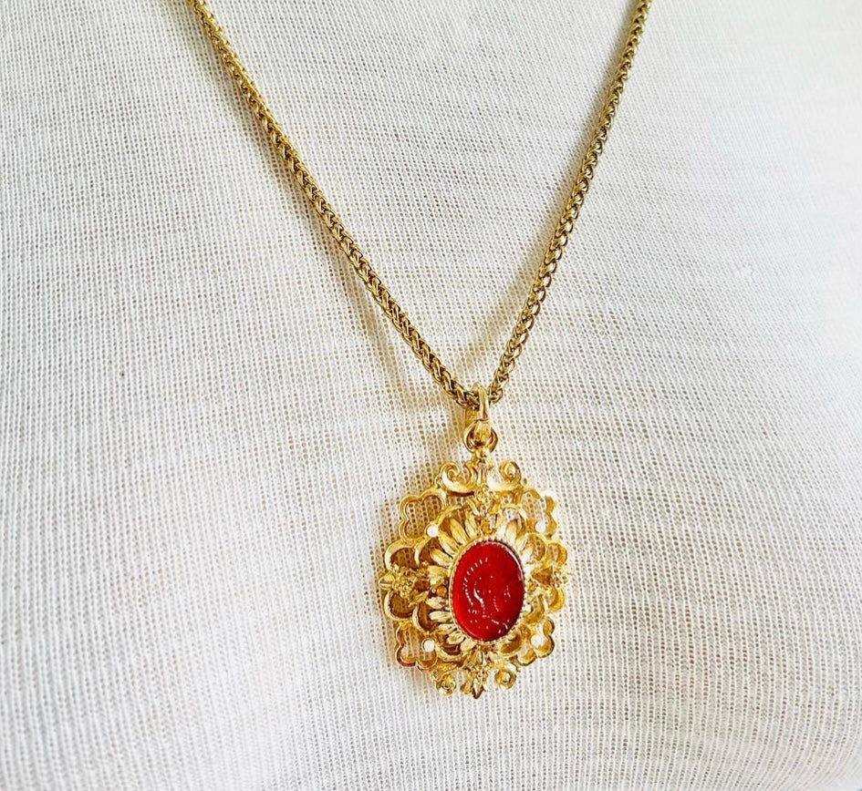 Vintage Signed Designer Kenneth Lane Faux Carnelian Pendant Necklace