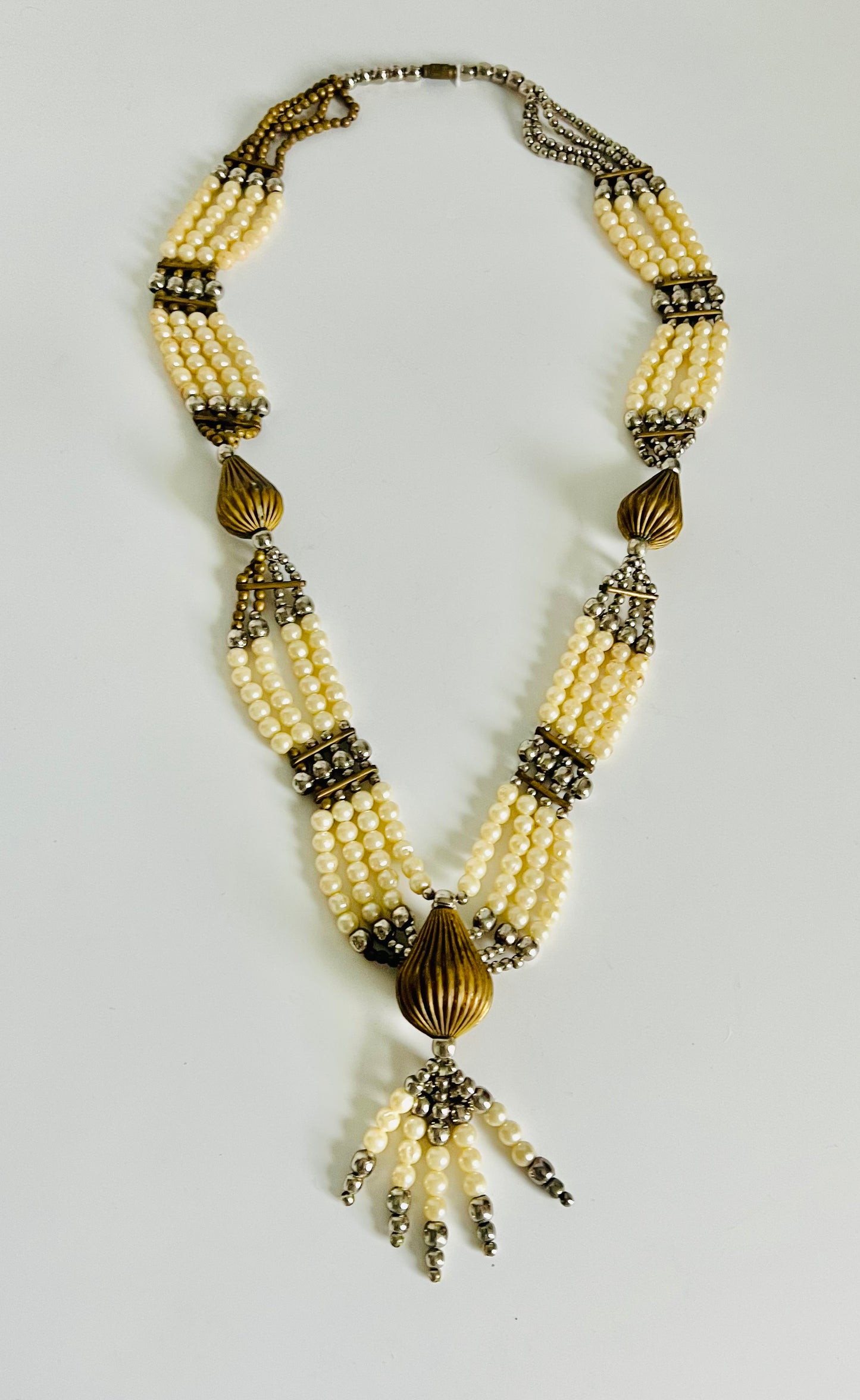 Vintage 1970s Bohemian Brass Faux Pearl Statement Necklace