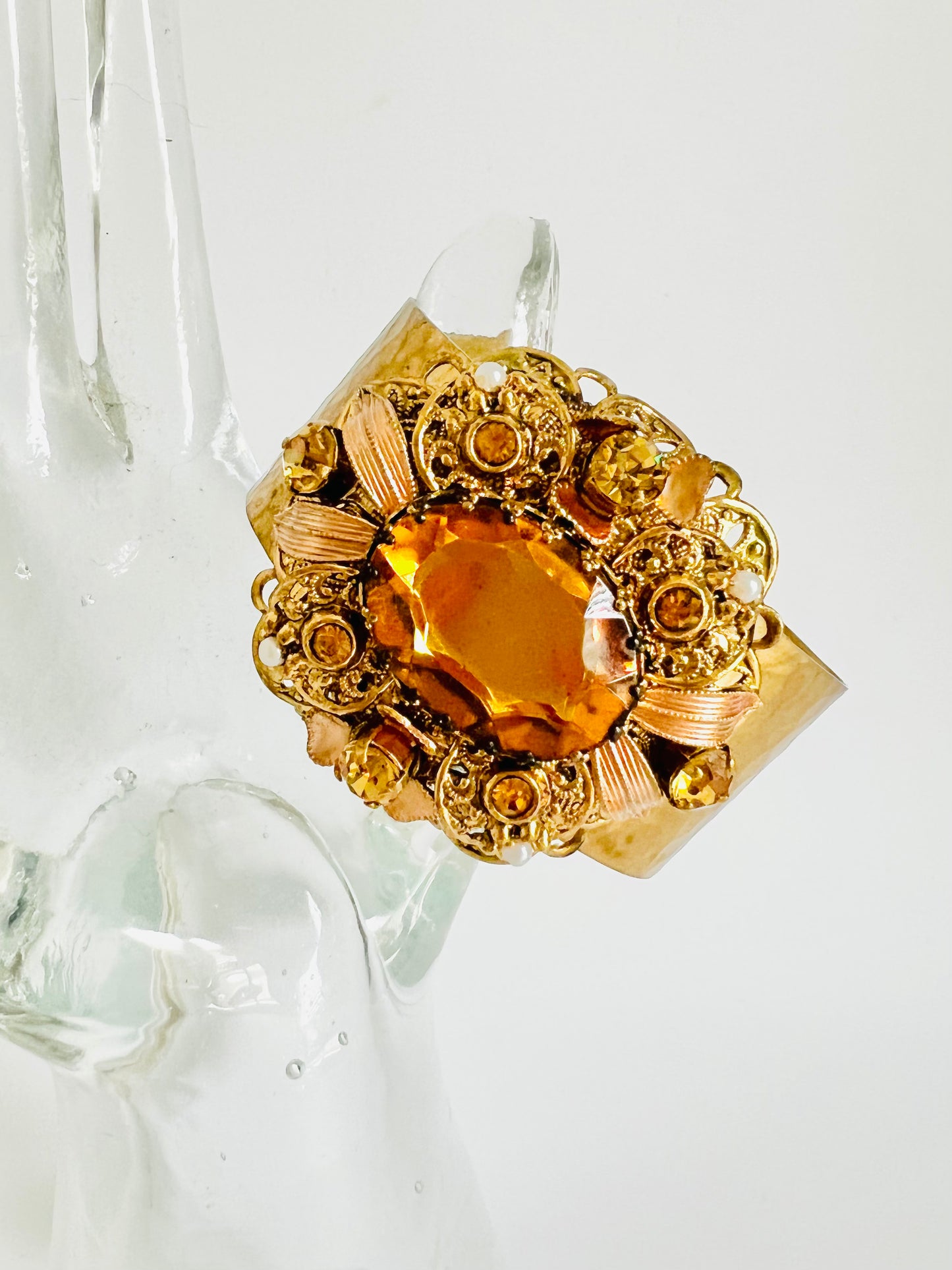Vintage Topaz Glass Rhinestone Hammered Brass Cuff
