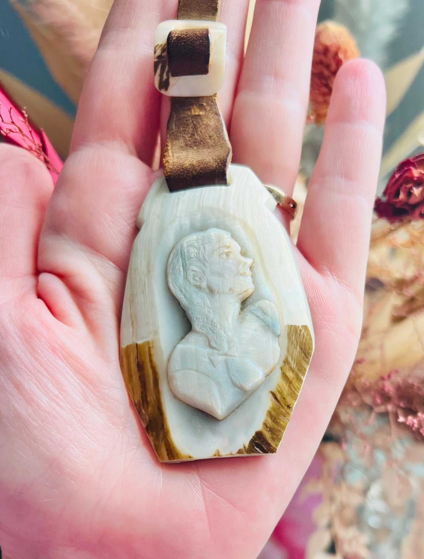 Vintage Hand Carved Shell Cameo Leather Fob