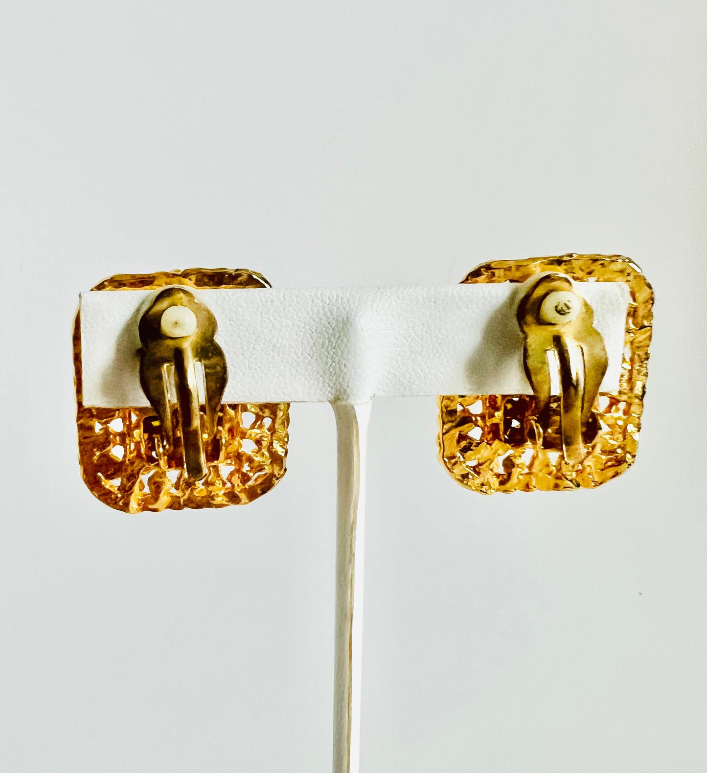 Vintage 1990s Gold Square Basketweave Rhinestone Clip Earrings