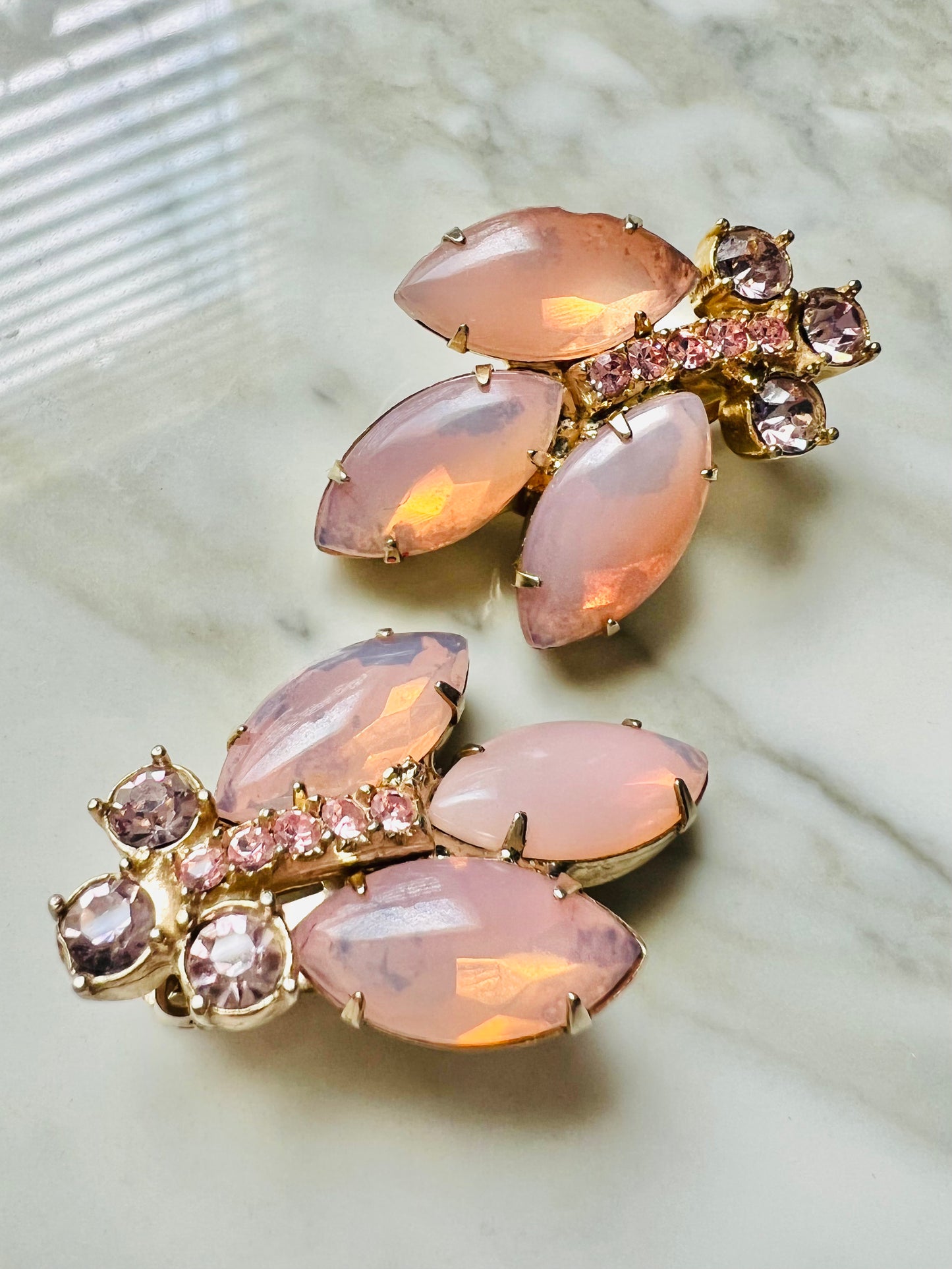 Vintage Soft Pink Opalescent Glass Rhinestone Clip Earrings