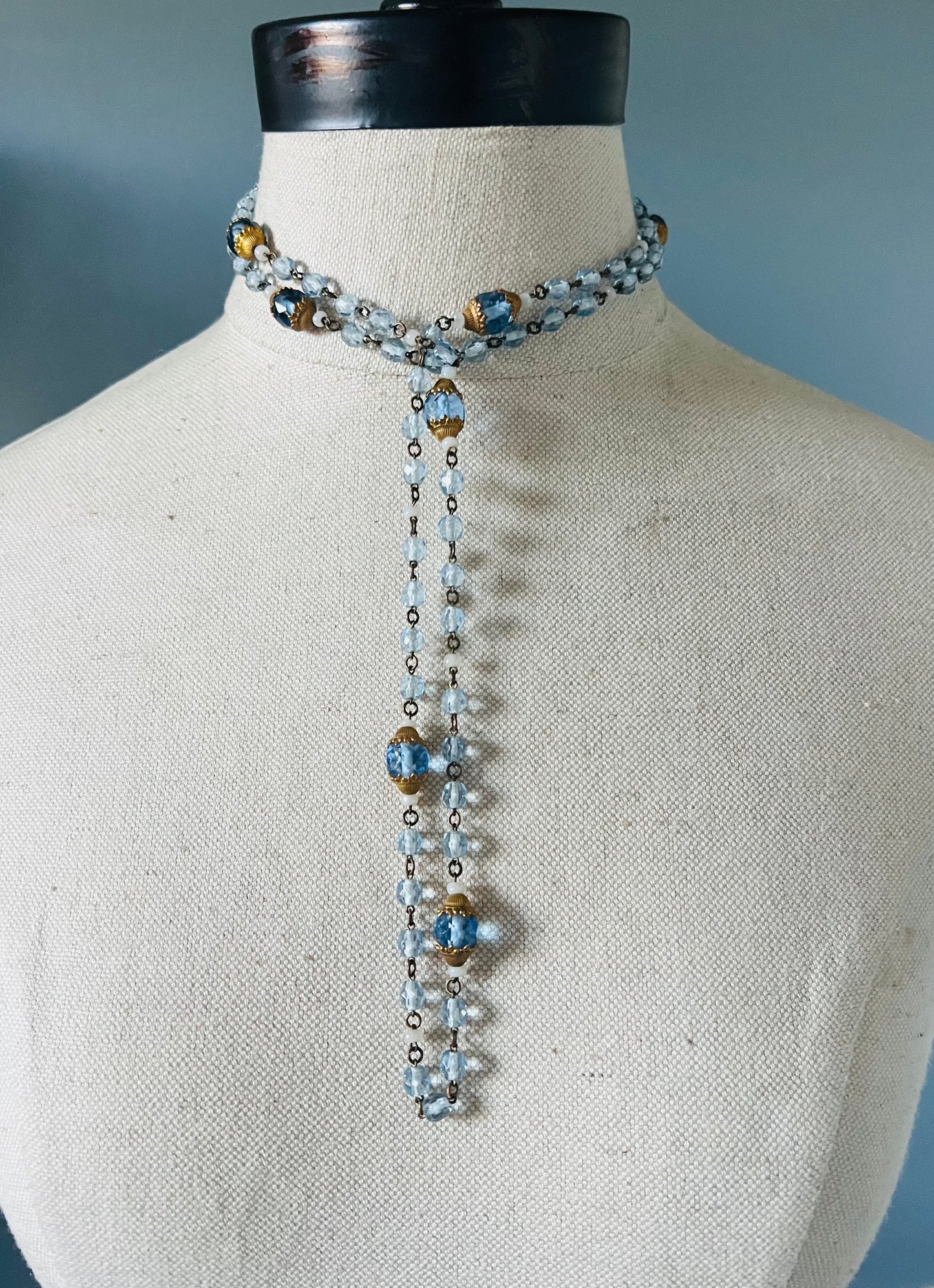 Art Deco 1930s Faceted Blue Glass Flapper Style Necklace