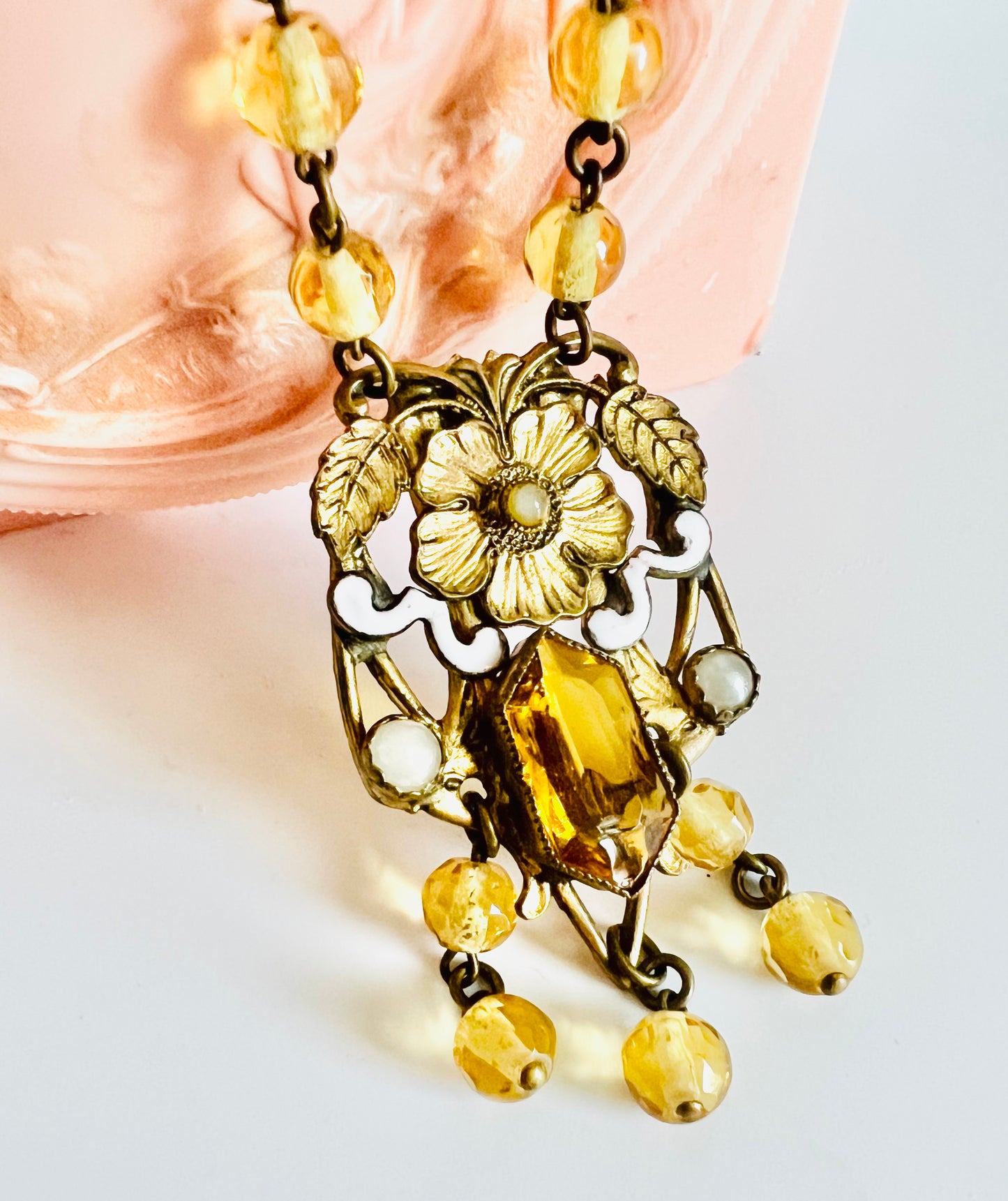 Vintage Citrine Czech Glass Enamel 1930s Necklace