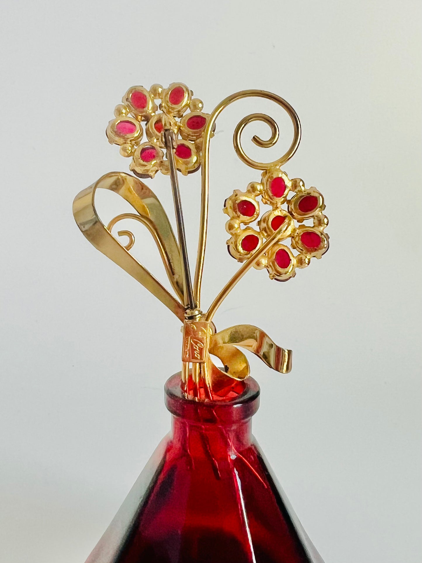 Vintage 1940s Coro Red Pegasus Sterling Floral Spray Brooch