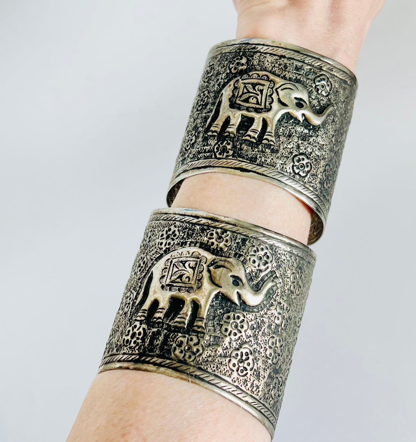 Vintage Silver Tone Elephant Wide Cuff Bracelet