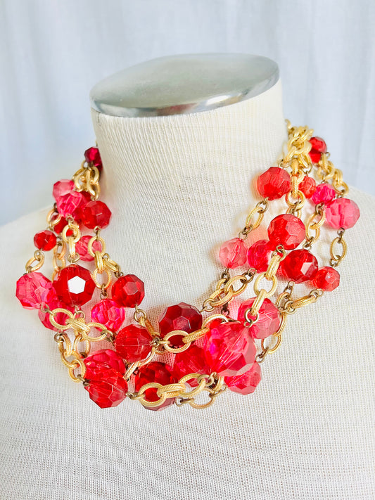 Massive 1970s Parisian Pink and Gold Five Chain Statement Necklace