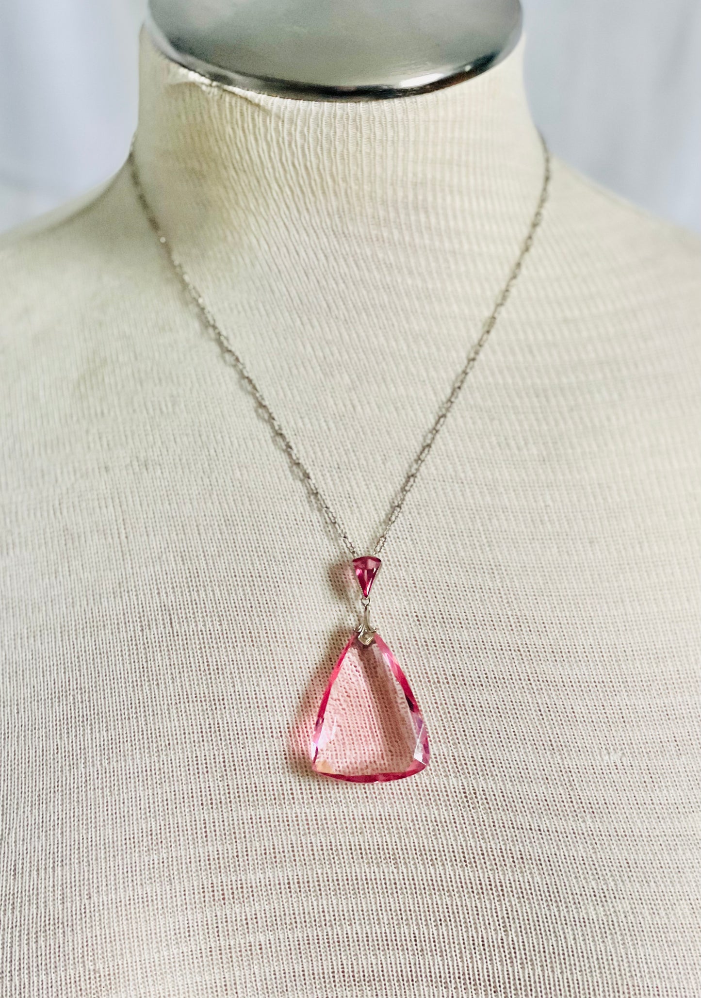 Vintage Pink Faceted Glass Triangle Pendant Necklace