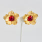 Vintage MidCentury Red Glass Gold Flower Earrings