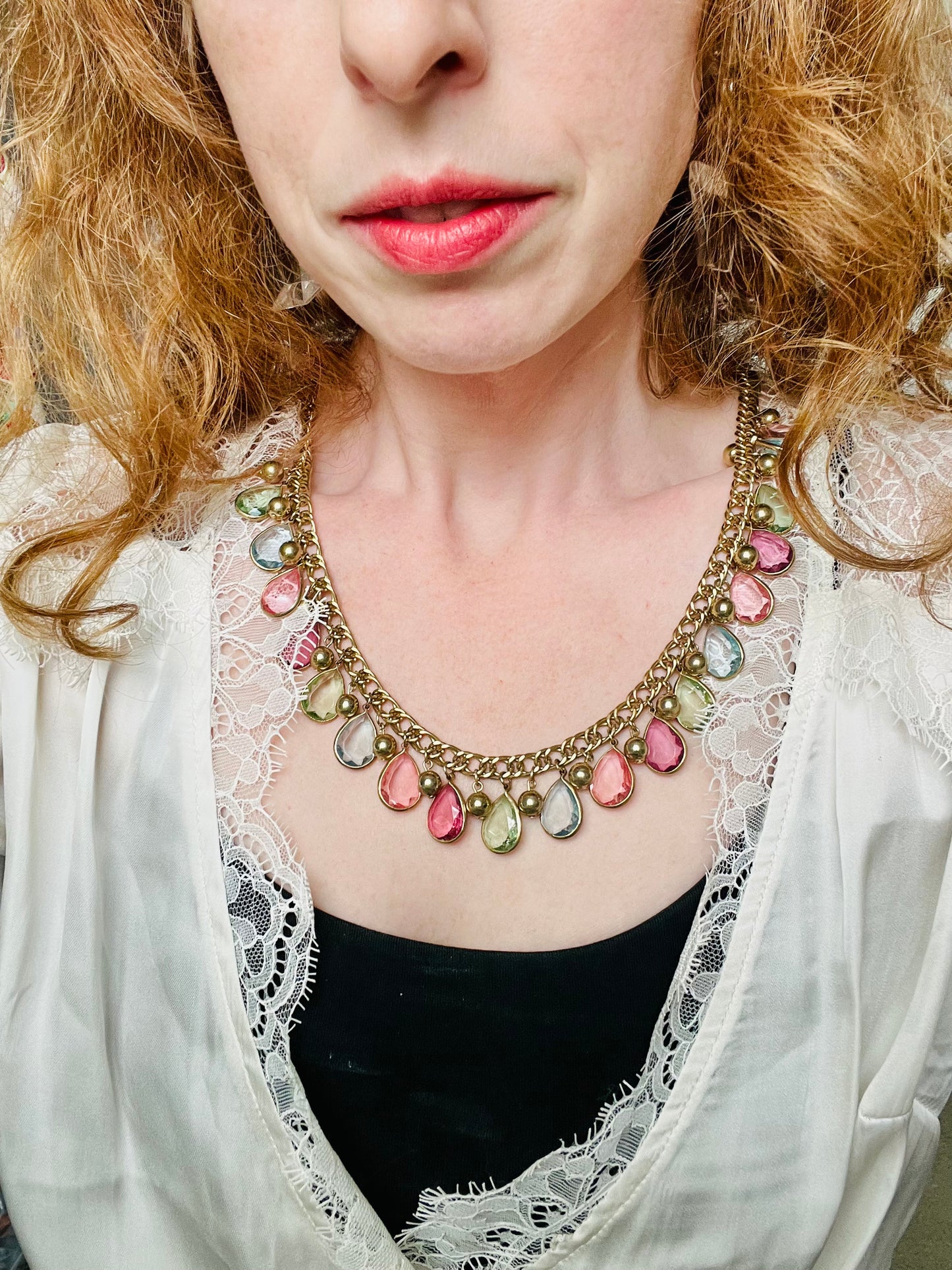 Vintage Pastel Pink Teardrop Chiclet Style Necklace