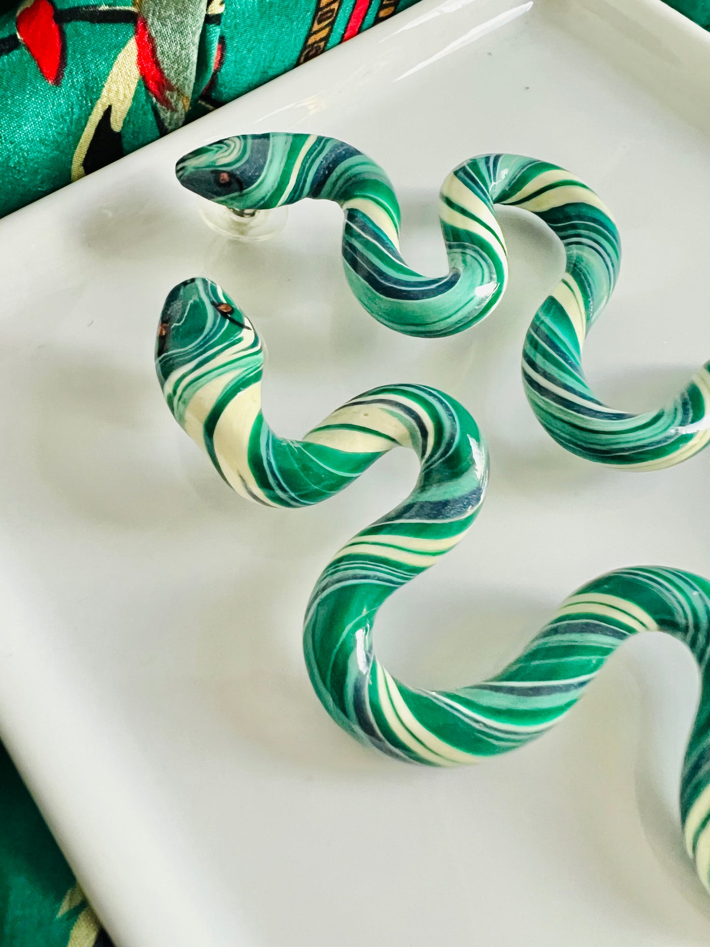 Vintage Handcrafted Slithering Snake Green Artisan Earrings