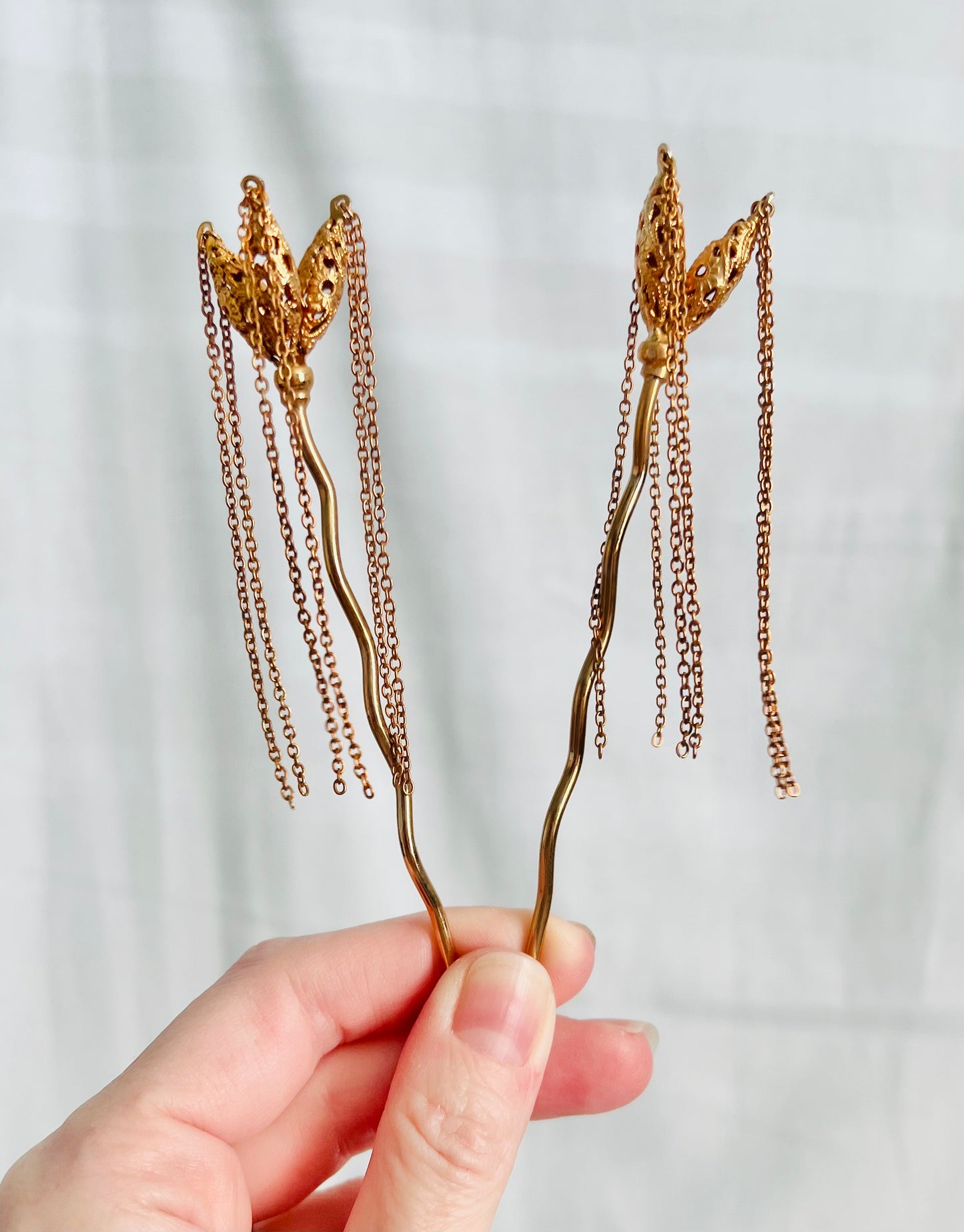 Deadstock Vintage Filigree Hair Sticks with Chain Tassels