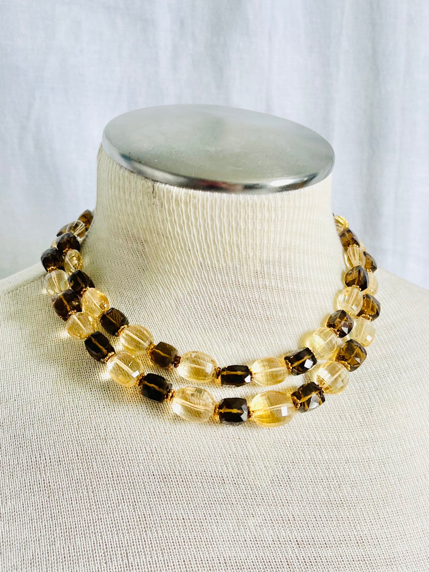 Vintage Faceted Citrine and Smokey Quartz Double Strand Necklace
