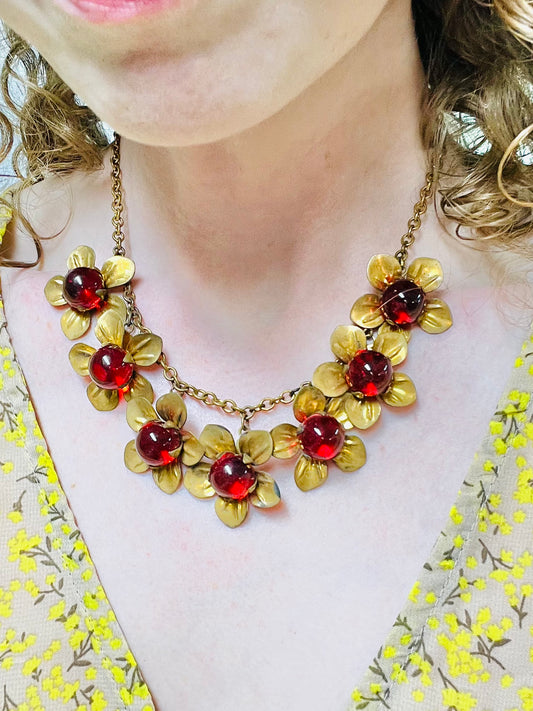 Vintage 1930s Art Deco Red Glass Flowers Necklace