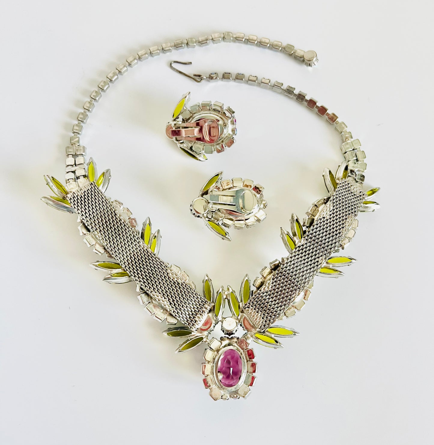 Vintage 1950s Art Glass AB Rhinestone Bib Necklace Set