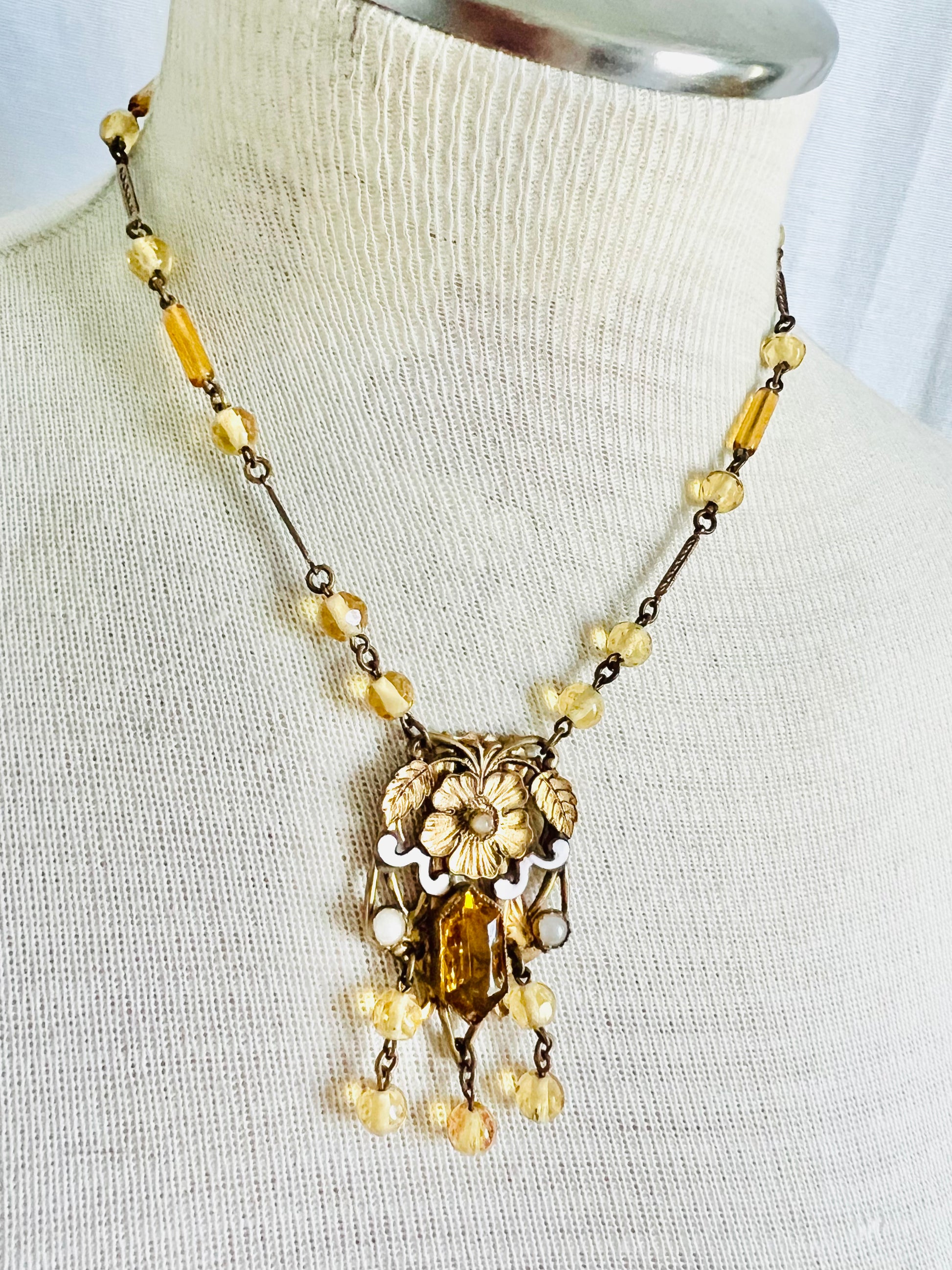 Substantial Art Deco Citrine Pearl Enamel 14 Karat Gold Statement