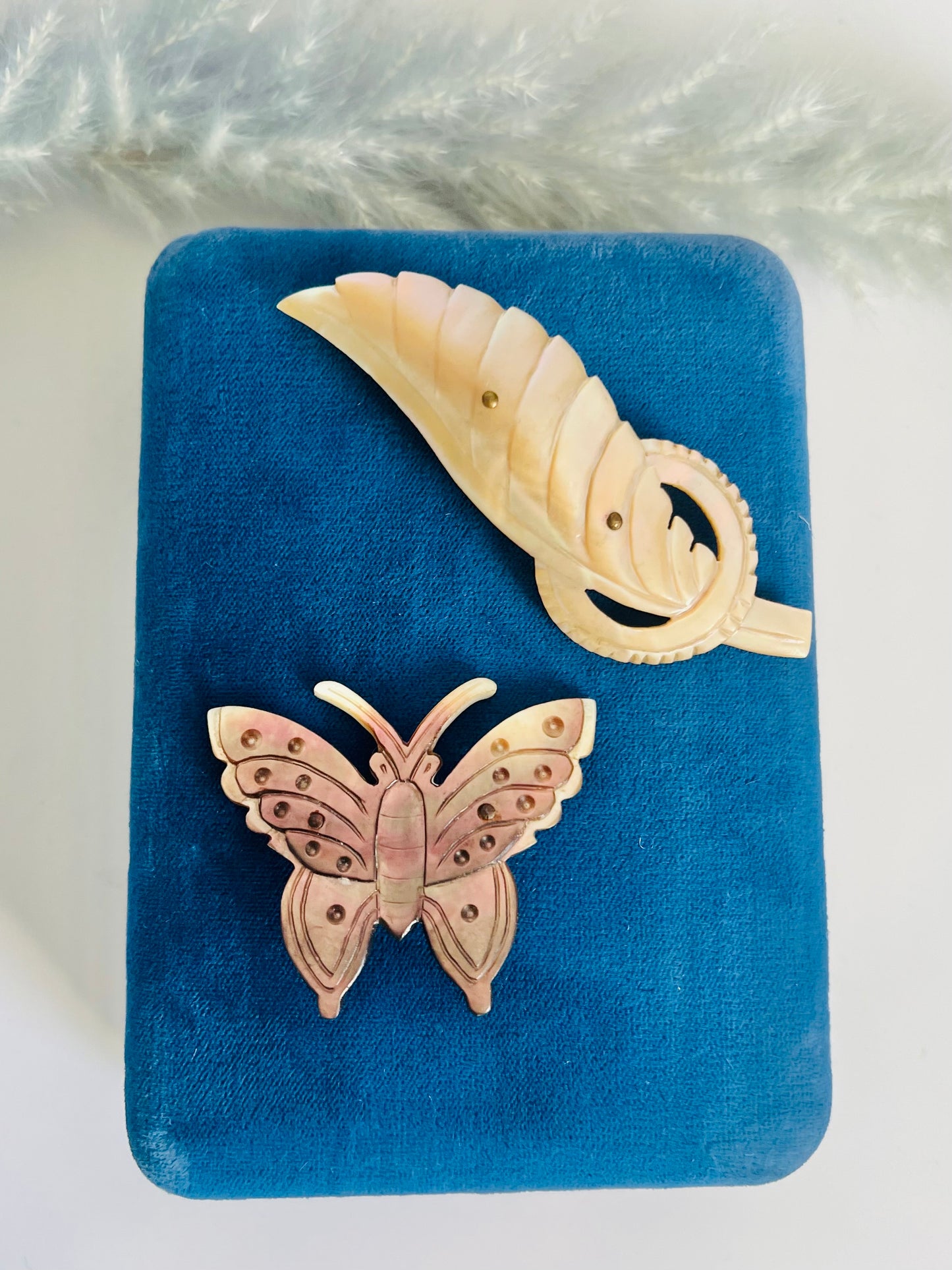Vintage 1940s Carved Mother of Pearl Butterfly Brooch Pin