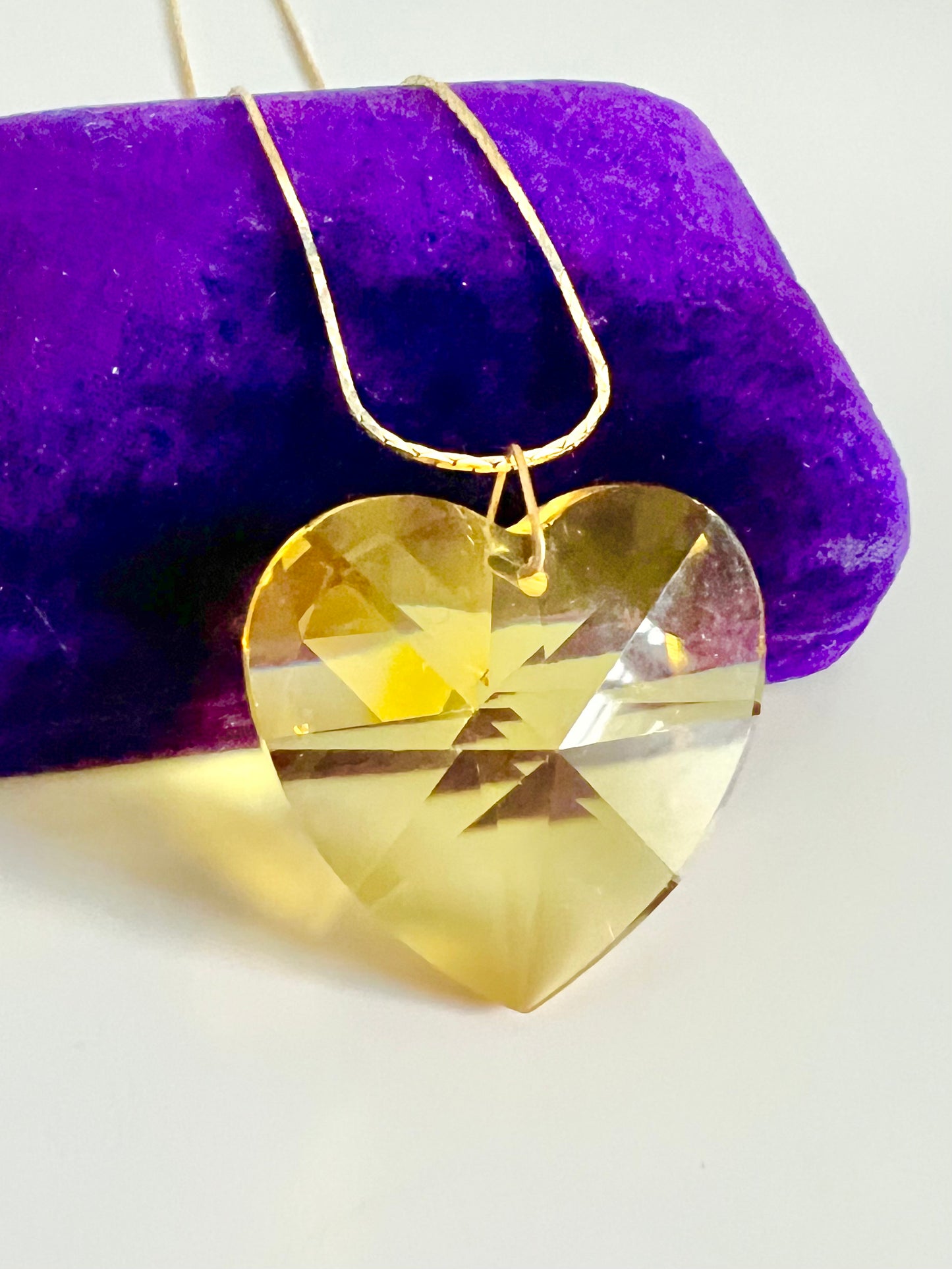 Vintage Yellow Rivoli Heart Glass Pendant Necklace