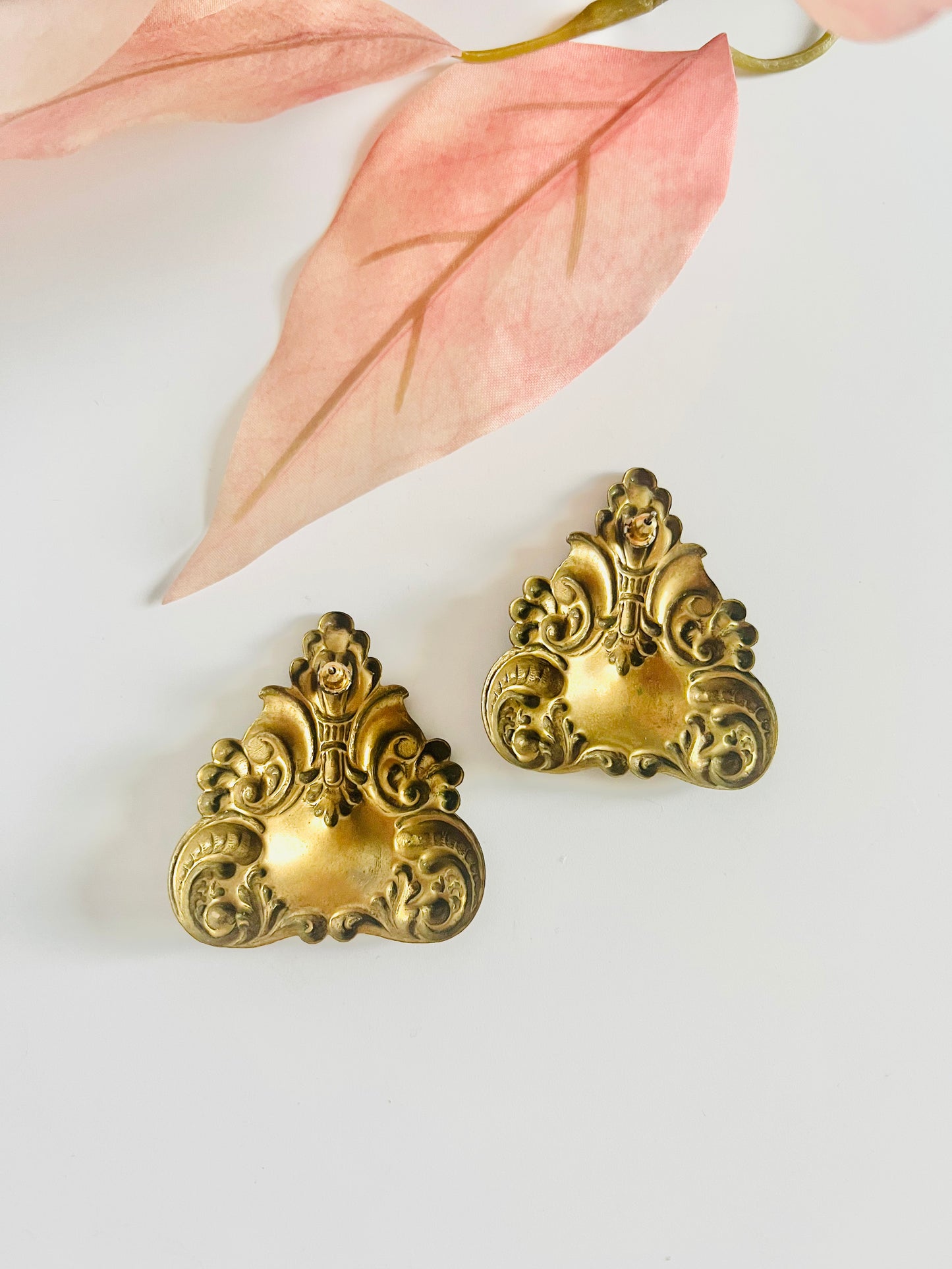 Vintage Ornate Brass Triangle Victorian Revival Style Earrings