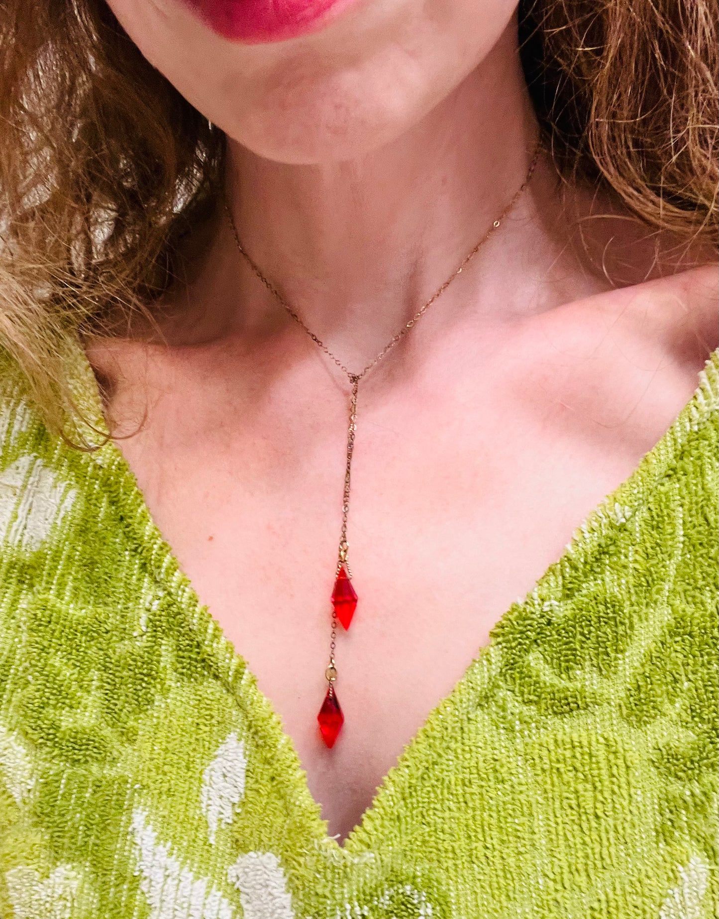 Red Art Deco Sterling Lariat Necklace