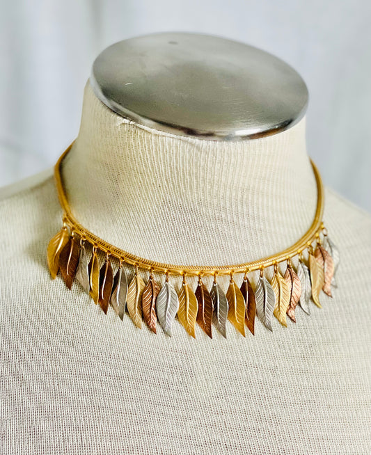 Vintage 1970s Mixed Metal Dangling Leaves Choker Necklace