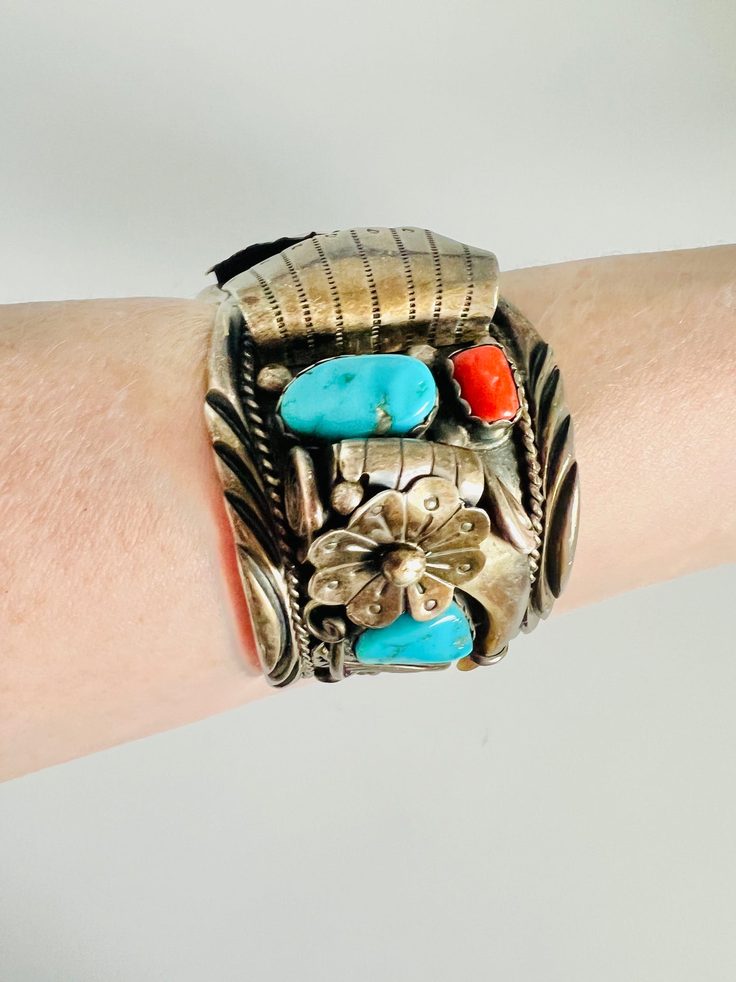 Vintage Signed W Spencer Navajo Native American Sterling Silver and Turquoise Watch Cuff Bracelet